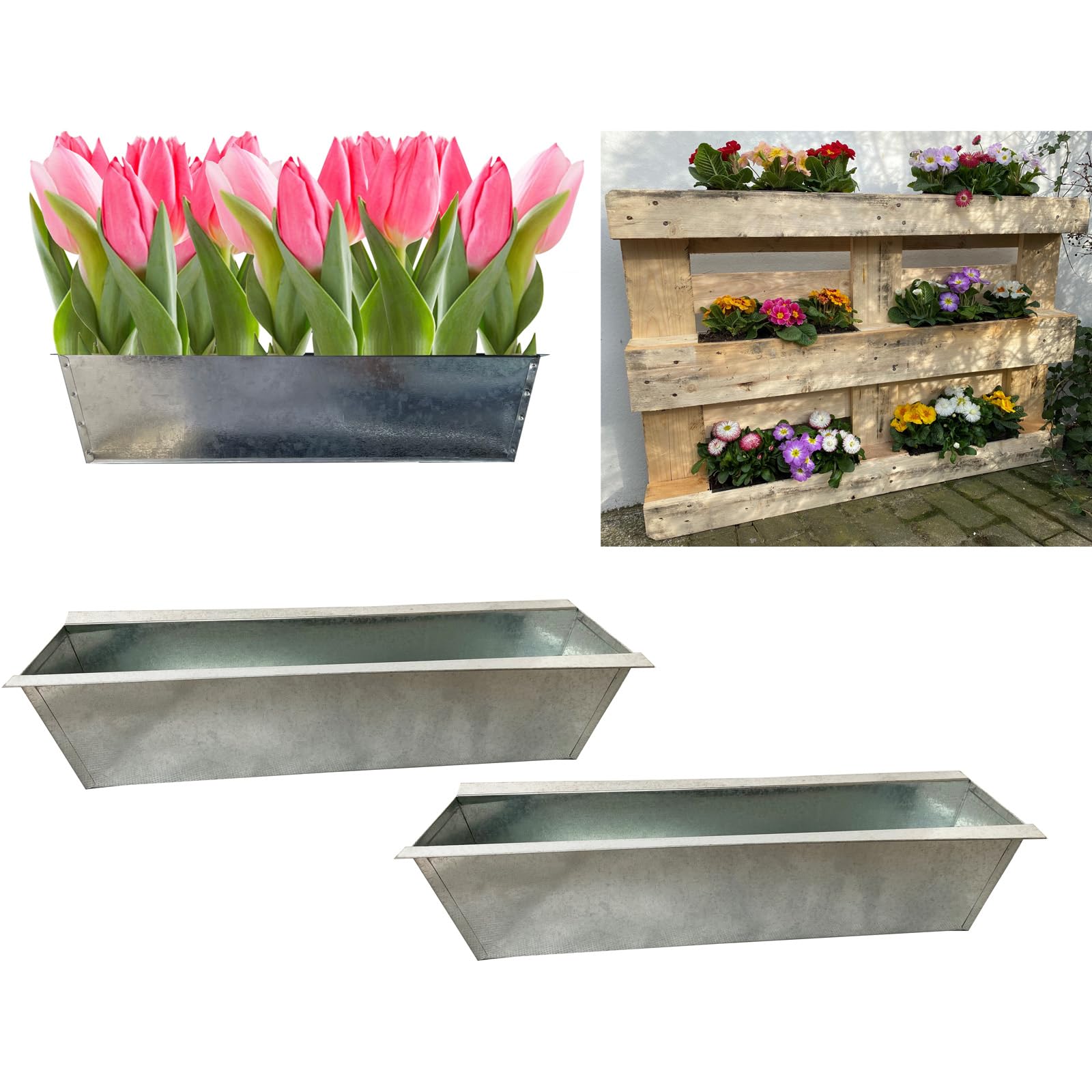 Hossi's Wholesale 2er Set Zink Paletten Blumenksten - Einsatz 38cm gro  Silber - aus Metall verzinkt - Zinkkasten Pflanzkasten Balkonkasten  Blumentopf fr Europaletten: Amazon.de: Garten