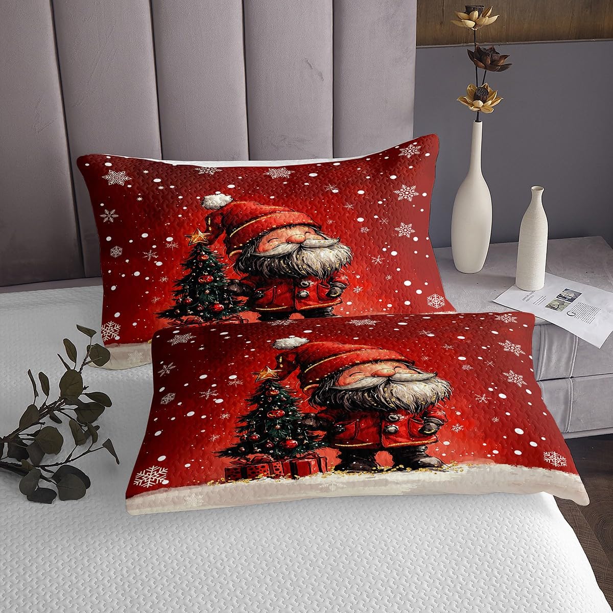 Juego de colcha roja de Navidad, diseño de gnomo kawaii, decoración de Navidad, tamaño King, bonito juego de colcha de árbol de Navidad, divertido juego de ropa de cama de 3 piezas