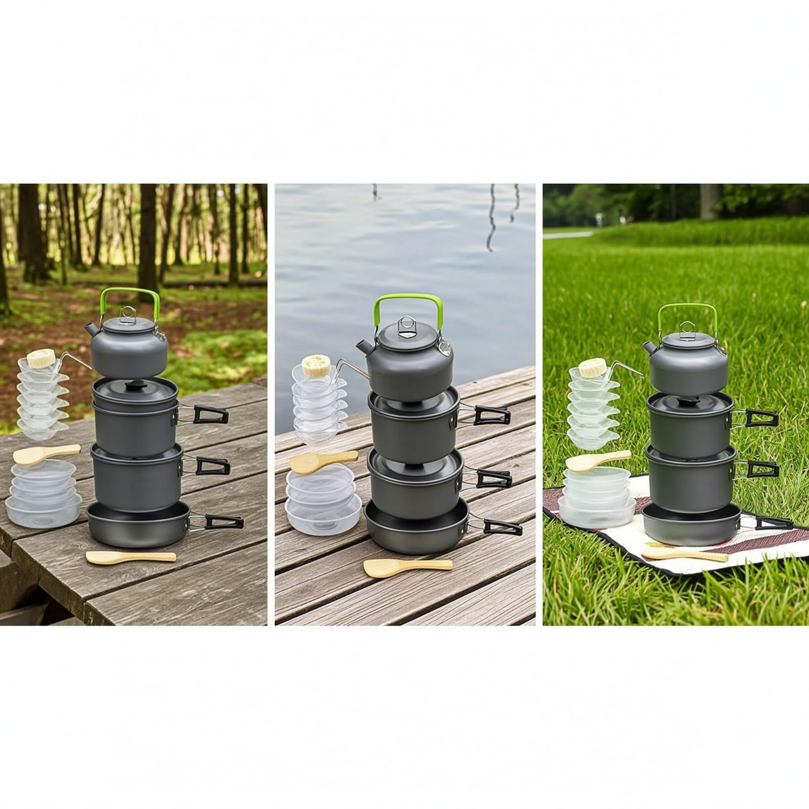 Baoblaze Ensemble Cuisson Camping avec Bouilloire Casserole Poêle Bols Plats Couverts pour Pique-nique Groupe Randonnée