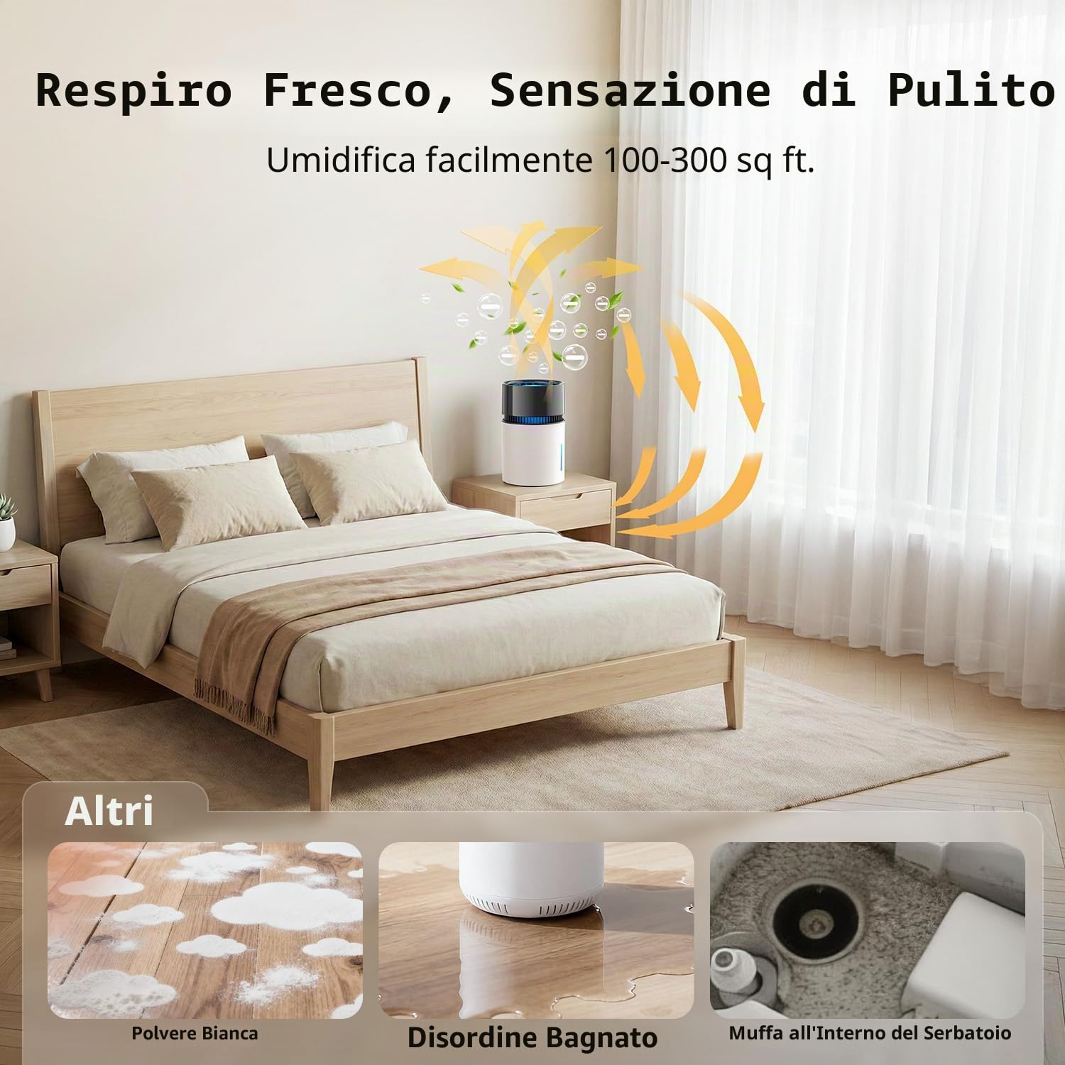 3L Umidificatore Ambiente, Top Fill, Umidificatore Ambiente Bambini con luce notturna, Silenzioso 30dB, 5 Livelli Nebbia, 35h Autonomia, Umidità Intelligente, per ufficio, cameretta del bambino