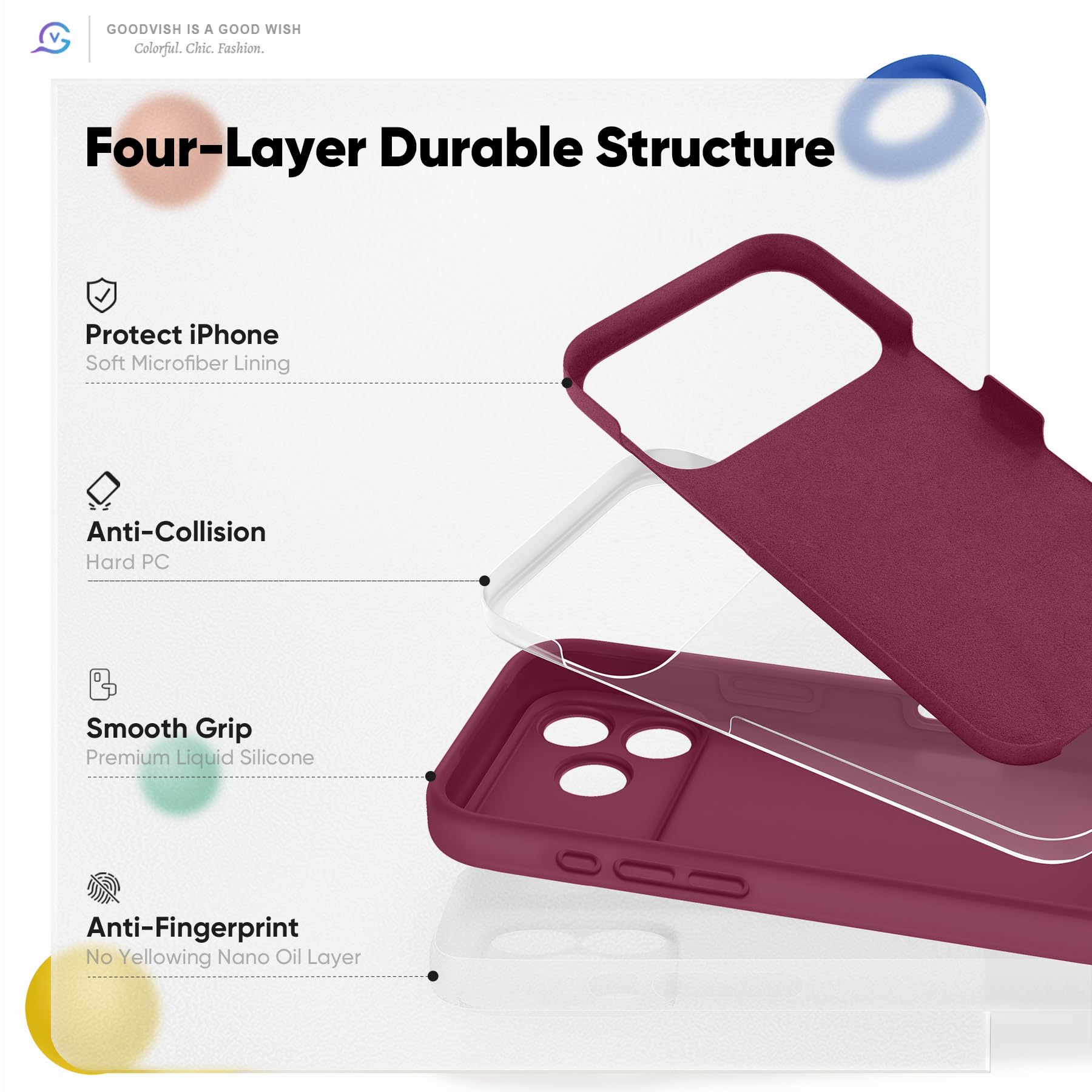 GOODVISH Silicone Cover per iPhone 17 Pro 6.3", Custodia con 2x Vetro Temperato [Pulsante Controllo Fotocamera] 360° Protezione Anticaduta Case per Cellulare Antiurto Resistente, Vino Rosso