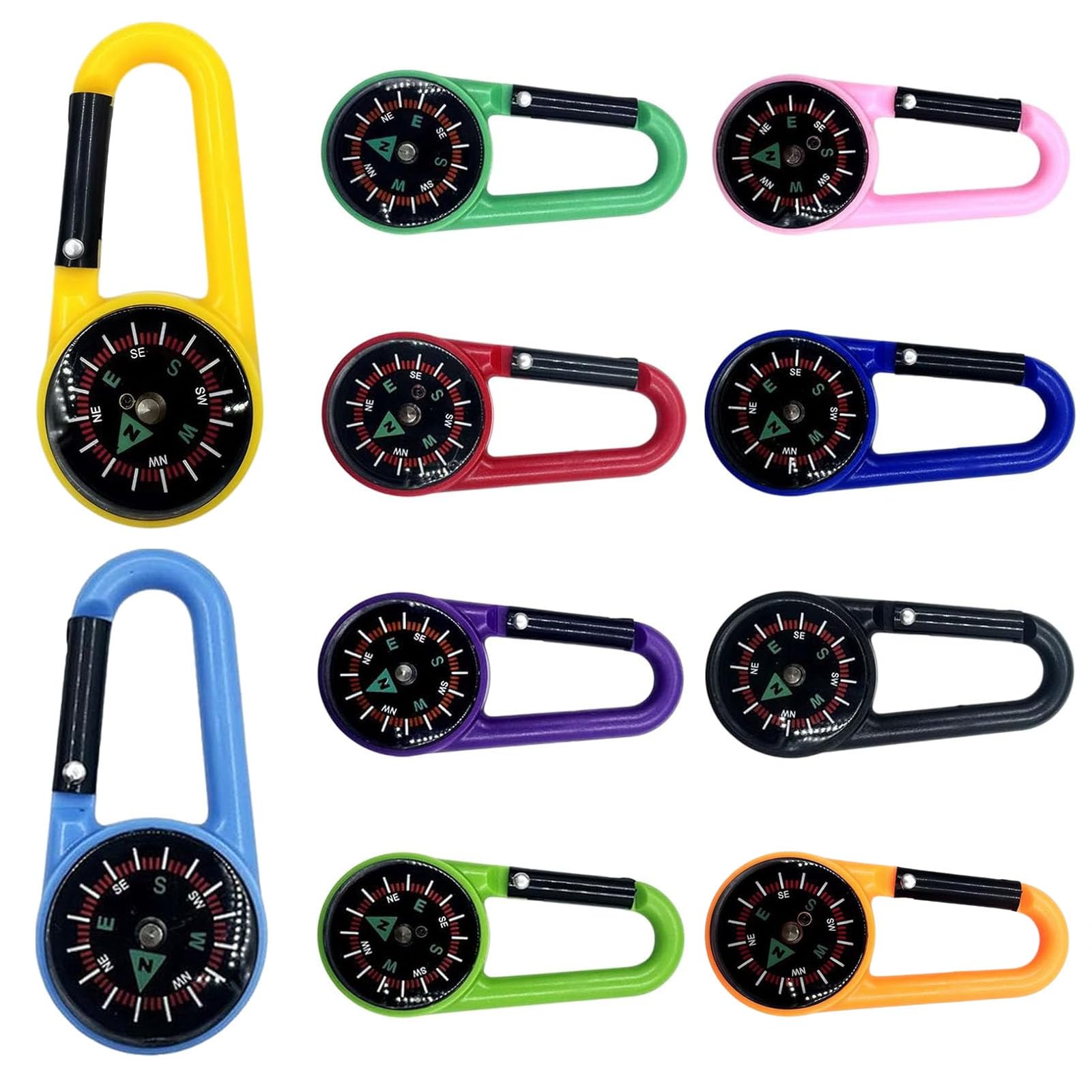 10pcs Carabiner Compass, Mini Compass Keychain Set for Outdoor Camping, Hiking Navigation, Kids Guide with Waterproof Bag