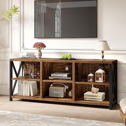 LVB TV Stand for 75 Inch TV, Industrial Wood and Metal Entertainment Center with Storage Shelf, Modern Television Media Console Table with Cabinet for Living Room Bedroom, Rustic Brown, 63in