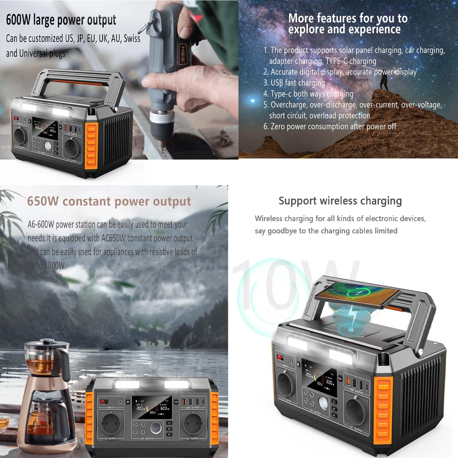 Generador Solar Portable Power Station 520WH 600W con Salida De Onda Senoidal Pura AC/DC Generador De Almacenamiento De Energía De Emergencia para Camping Batería 140400 Mah