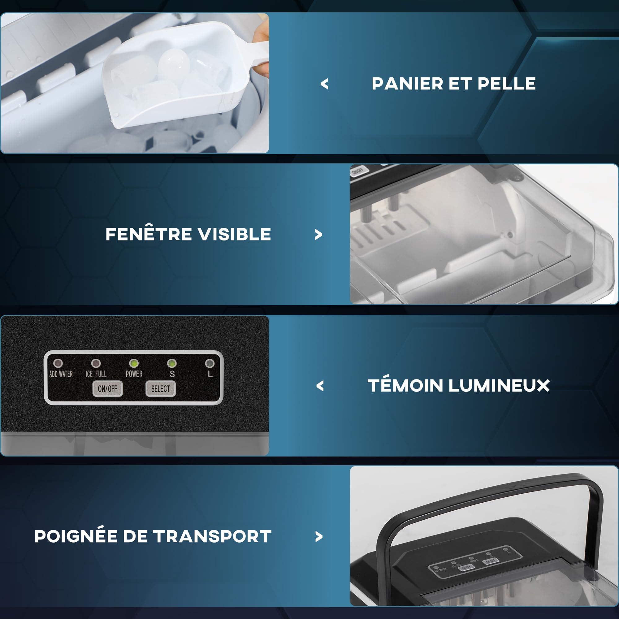 HOMCOM Machine à glaçons autonettoyante, 12kg en 24h, 9 glaçons en 6-13 minutes, ice maker Portable Avec Poignée, panier et pelle, pour la maison/cuisine/camping, noir