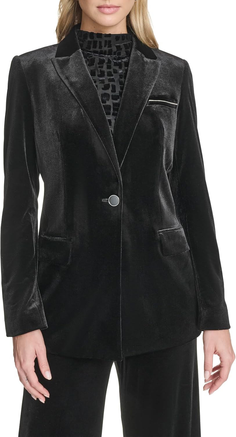 Calvin Klein womens Shoulder Padding One Button Front Pocket Notch Collar Jacket