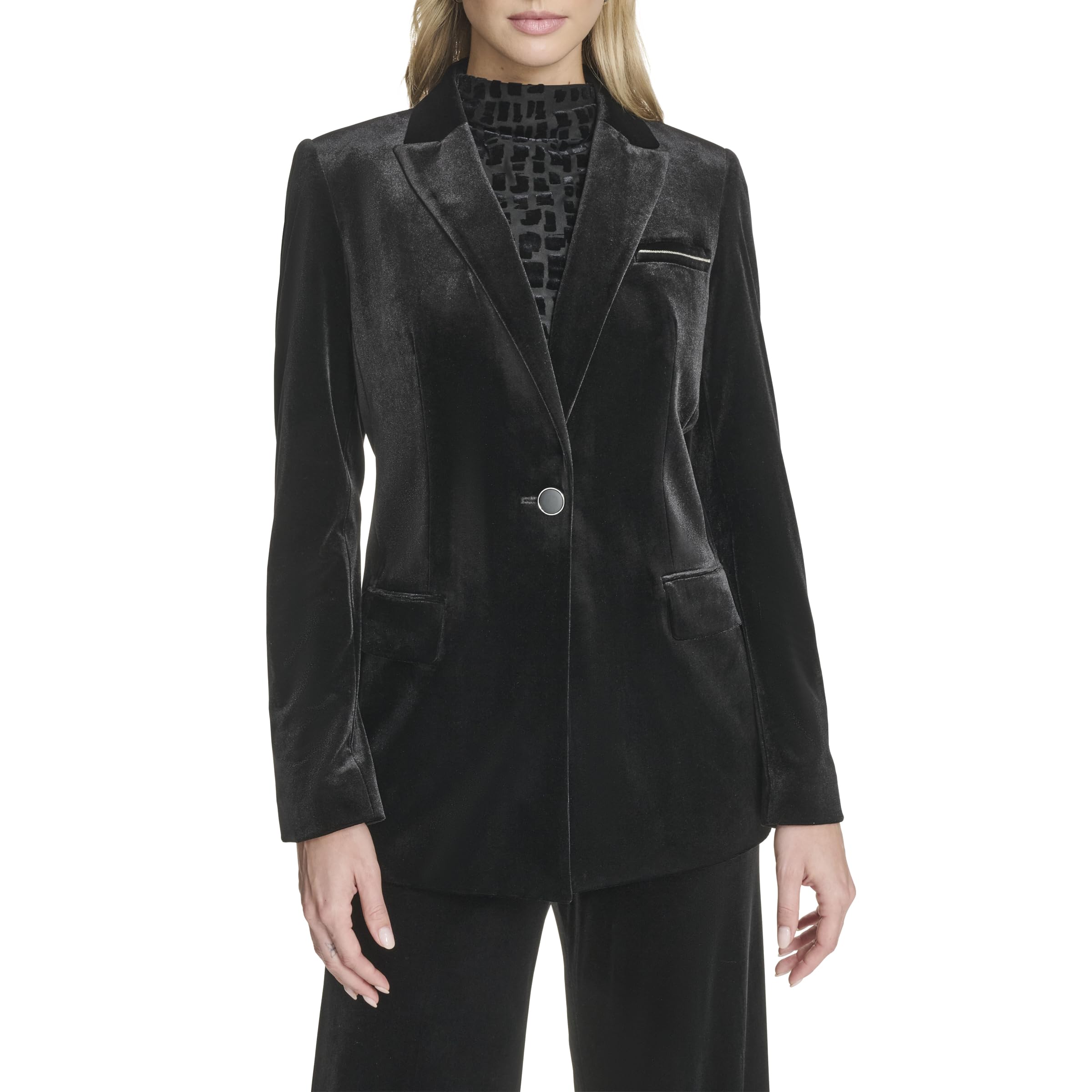 Calvin Klein womens Shoulder Padding One Button Front Pocket Notch Collar Jacket