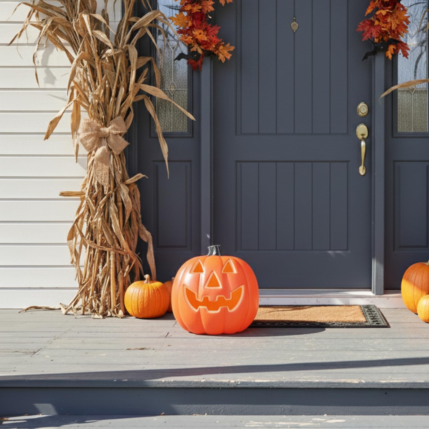 com-four® Dynia z oswietleniem LED & timerem (6h wlaczone/18h wylaczone) – dekoracja Halloween XXL na wejscie & okno – duza plastikowa dynia z przerazajaca twarza (pomaranczowy - XXL z timerem)
