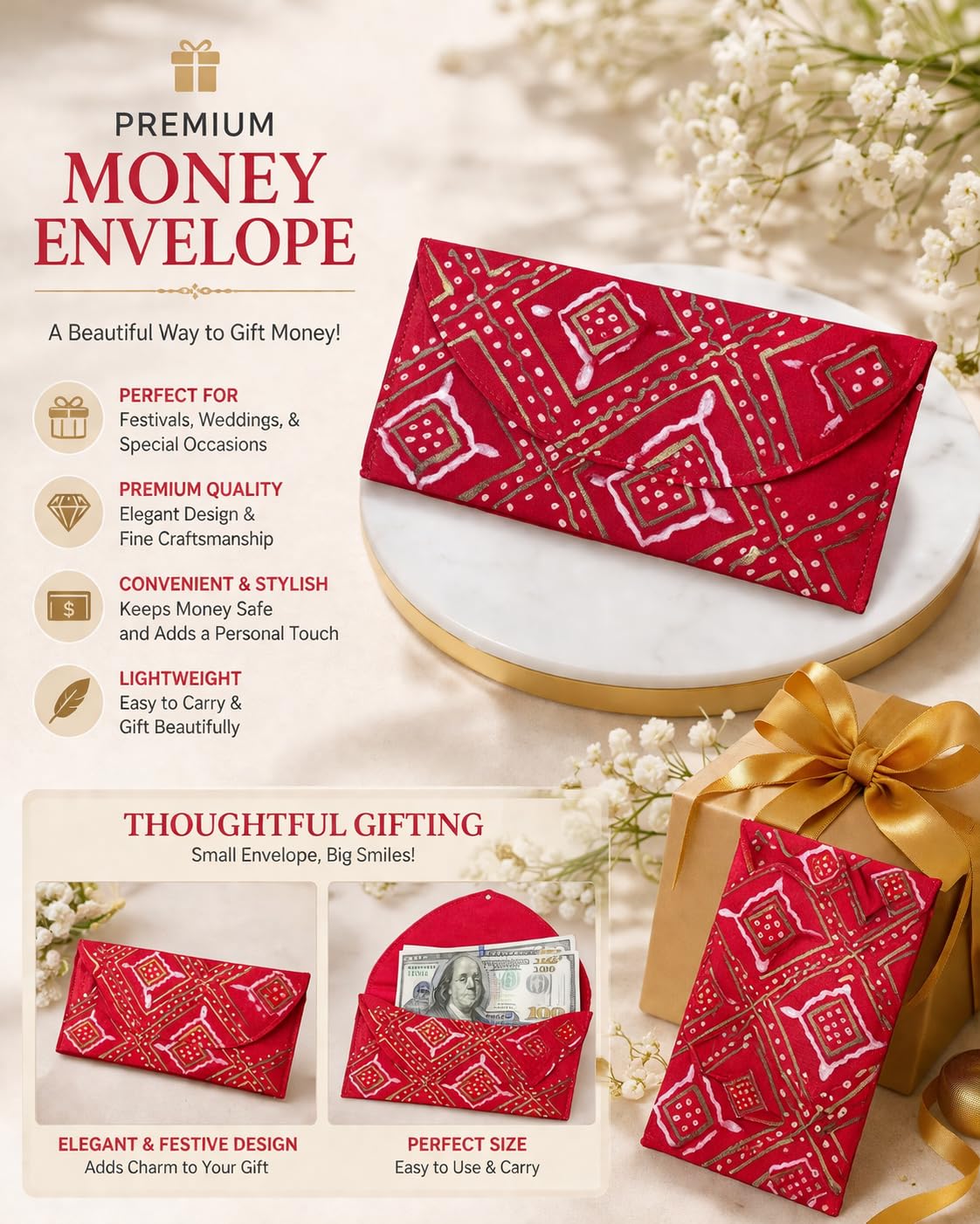 Red Silk Money Cover | Hand-Painted Geometric Cash Envelope for Weddings, Shagun & Festive Gifting - Reusable Traditional Fabric Envelope 4
