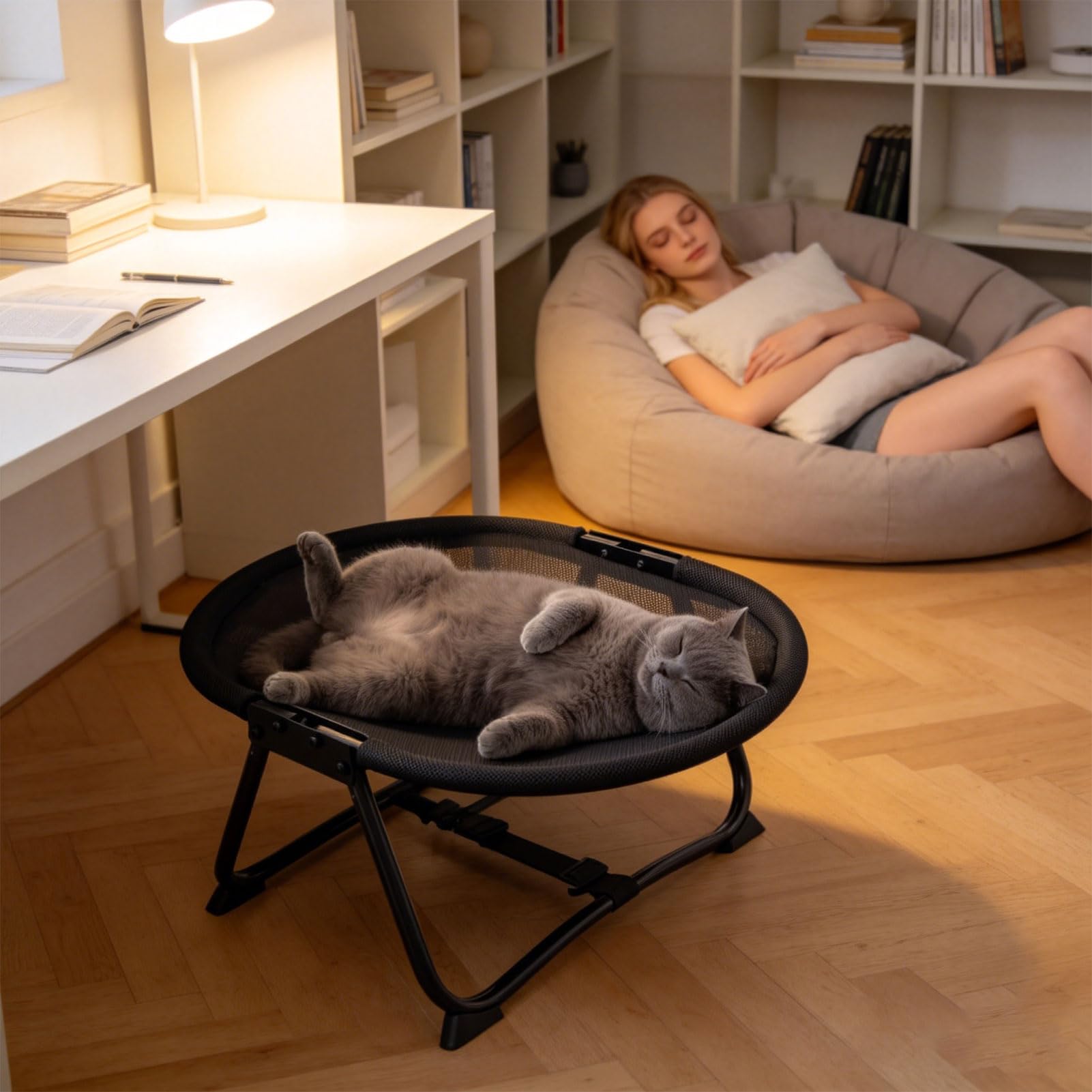 Katzenhängematte, Stehend Erhöhter Katzenhängesessel, Faltbar Katzenbett mit Metallrahmen, atmungsaktiver, Rutschfester Stoff, pflegeleicht, Katzen Hängematte für Innen Außenbereich