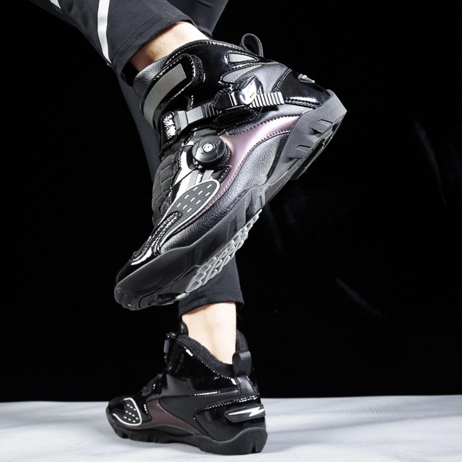 Bota de Motocicleta Hombres, Cuero Impermeable con Ajuste de Engranaje Suela de Goma, Antideslizante Transpirable