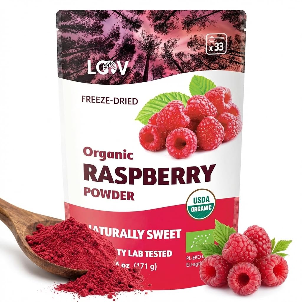 Organic Freeze-Dried Raspberry Powder – 100% Natural Whole Fruit, Certified Organic Red Raspberries – Perfect for Smoothies, Shakes & Baking – Non-GMO