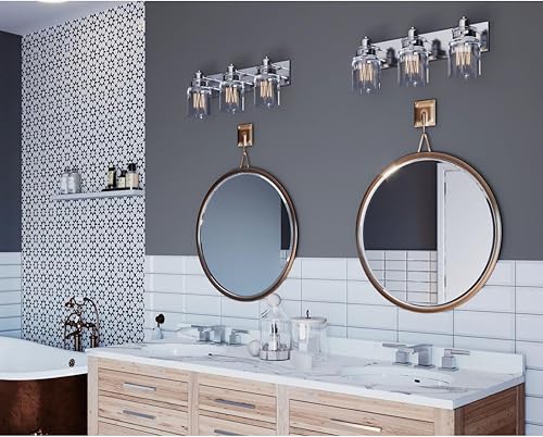 Miniatura 5 de Calhoun Collection - Lámpara de baño de cristal transparente con 3 luces, níquel cepillado