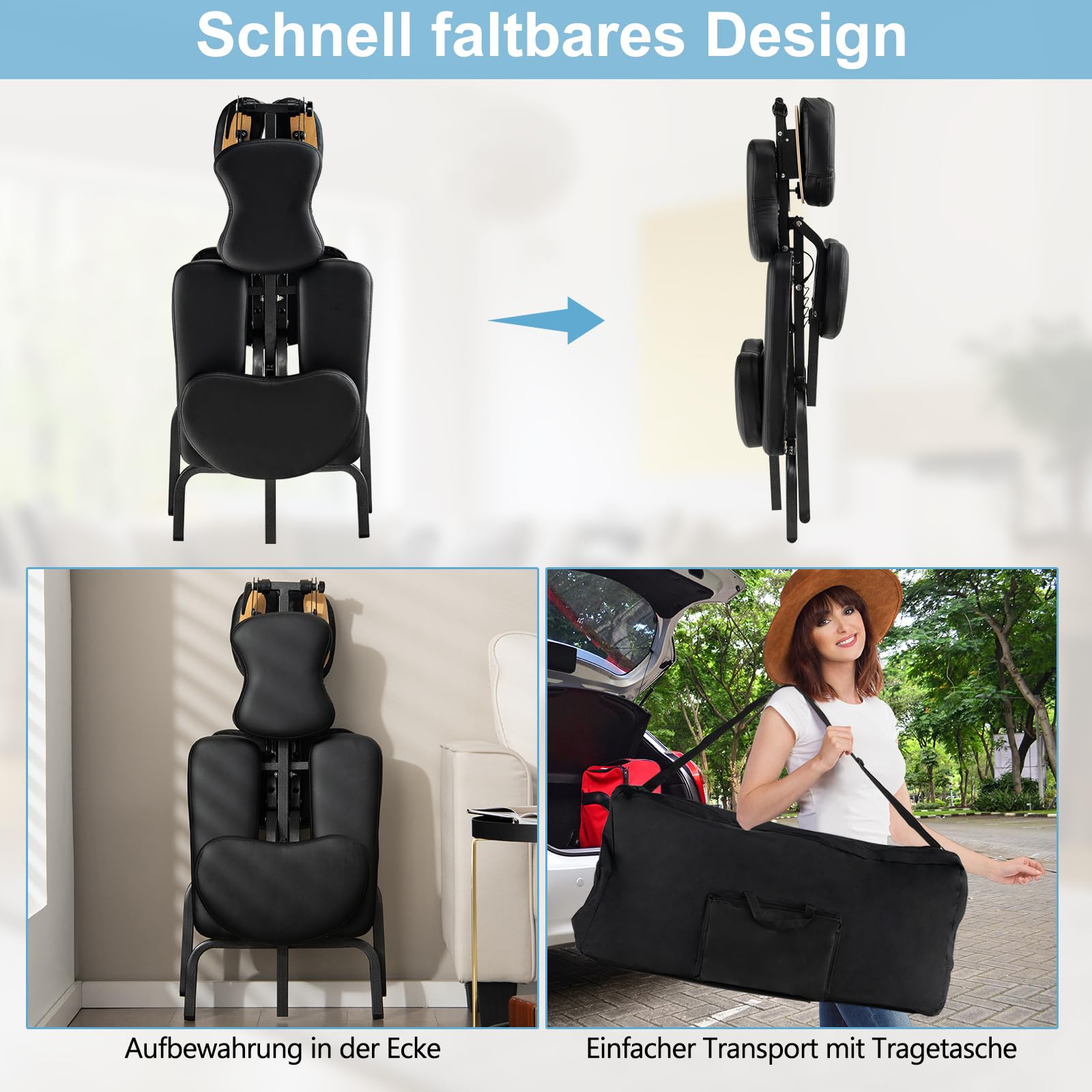RELAX4LIFE Massagestuhl Klappbar Höhenverstellbar Therapiestuhl mit Verstellbarer Bruststütze Armablage Kopfstütze Sitz bis 160 kg Schwarz