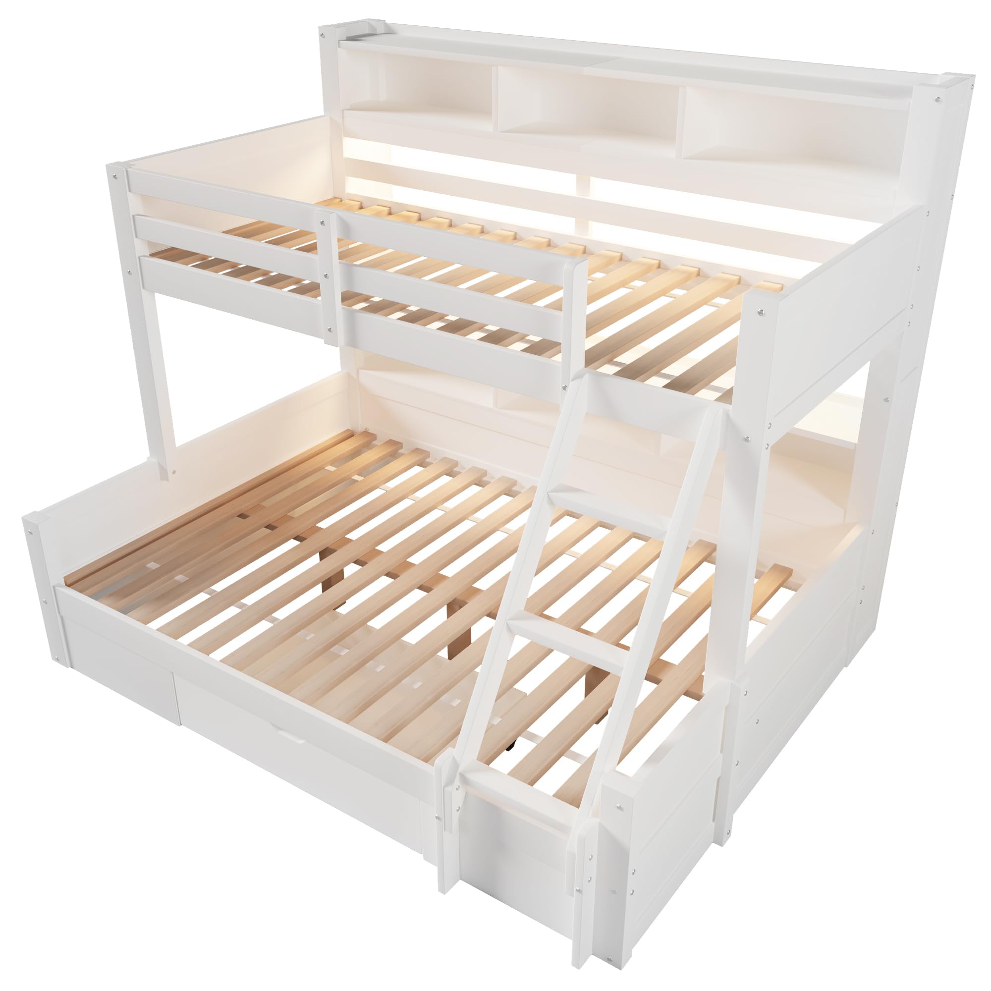 Idemon Letto a soppalco con 2 dimensioni del materasso e cassetto, 90 x 200 cm + 140 x 200 cm, scala, rete per l'illuminazione dell'ambiente, legno di pino e MDF (bianco)