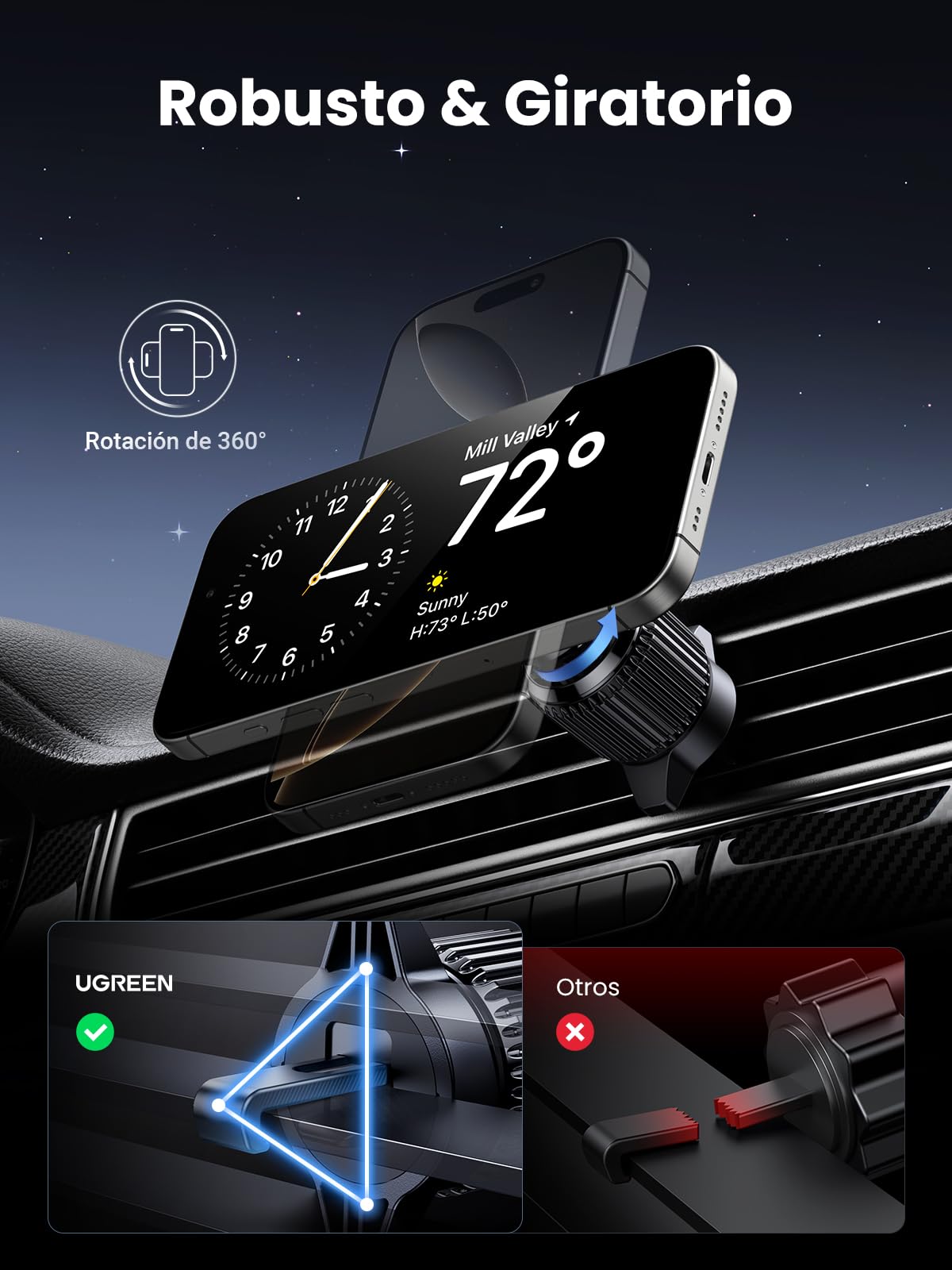 UGREEN MagFlow Cargador Inalámbrico iPhone Coche Certificación Qi2 Real 15W Carga Rápida Soporte Móvil Coche Magnético Compatible con MagSafe iPhone 17 16 15 14 13 12 Pro MAX Air Plus