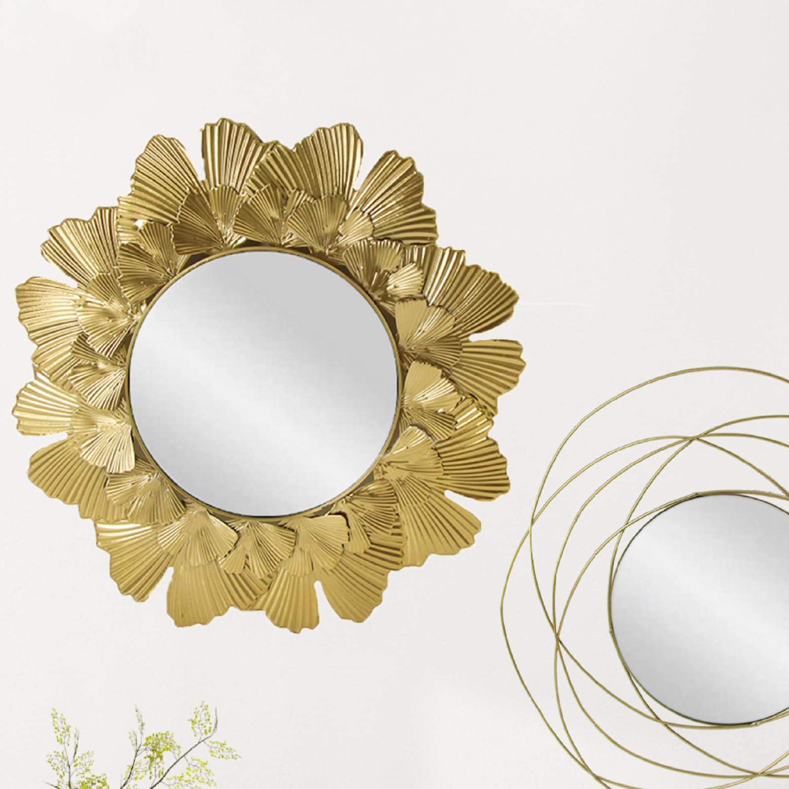 Espejo decorativo para el sol, metal, hoja de oro, espejo redondo para baño, diámetro exterior 37 cm, espejo de 15 cm (dorado)