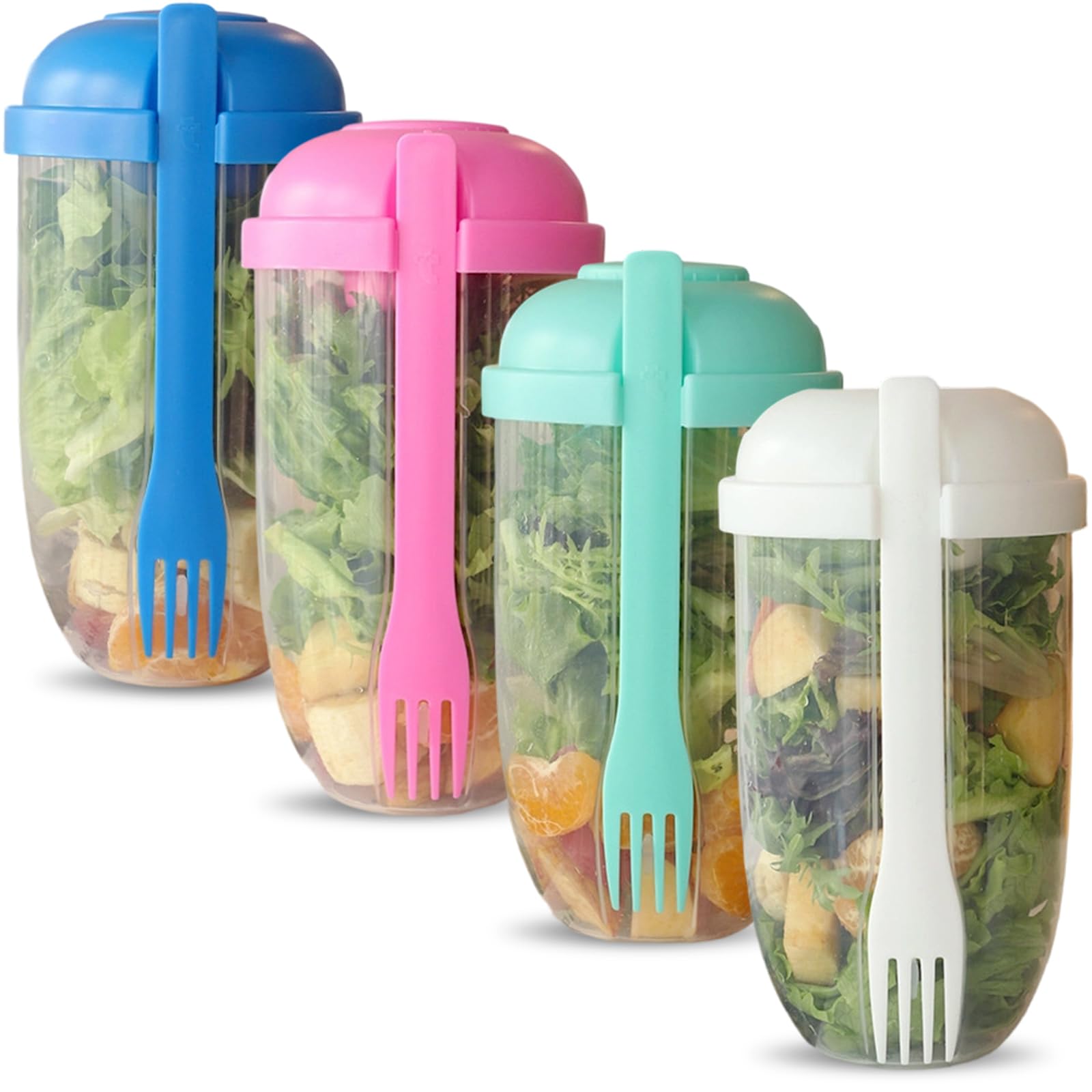 4Pack Salad Cup with Lid and Spork - 1000ml (34oz) Overnight Oats Containers with Topping Compartment, Reusable Yoghurt Pots for Cereal, Fruit and Nut, Portable Breakfast to Go Cups for Office, School