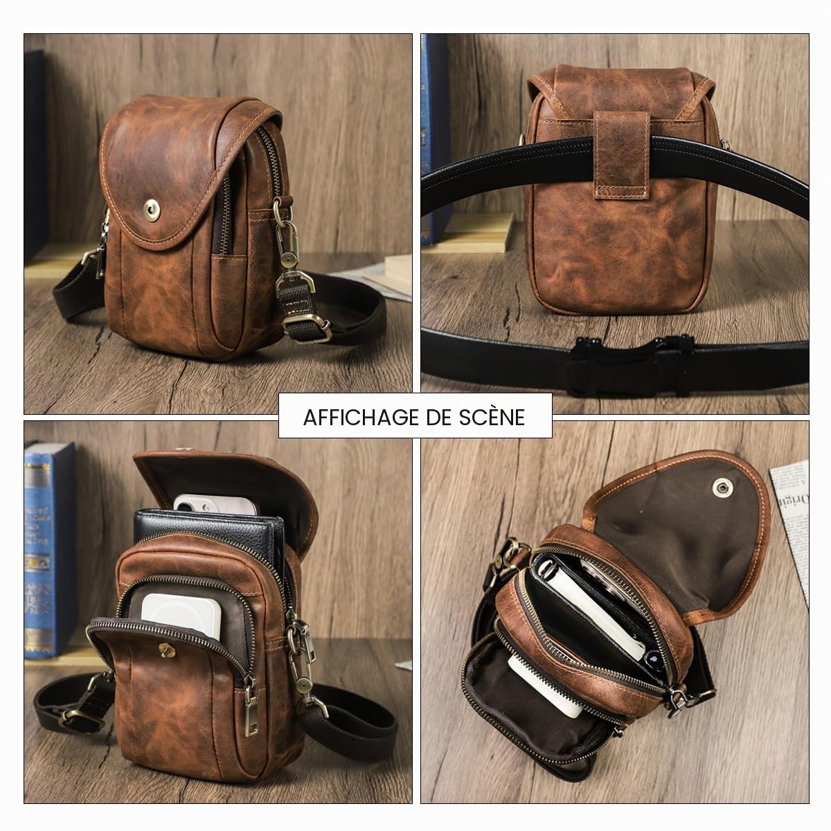 Contacts Petit sac à bandoulière en cuir pour homme avec sangle réglable, café, 14.0 X 7.5 X 19.5 Centimeters, Rétro
