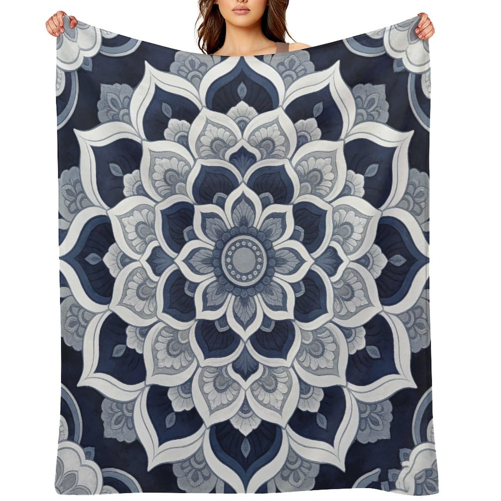 Mandala Navy Blue Throw Blanket for Couch and Bed Super Soft Warm Lightweight Throw Blankets Cozy Fuzzy Flannel Blanket Personalized Decorative Blankets for Sofa Decor 50"x60"