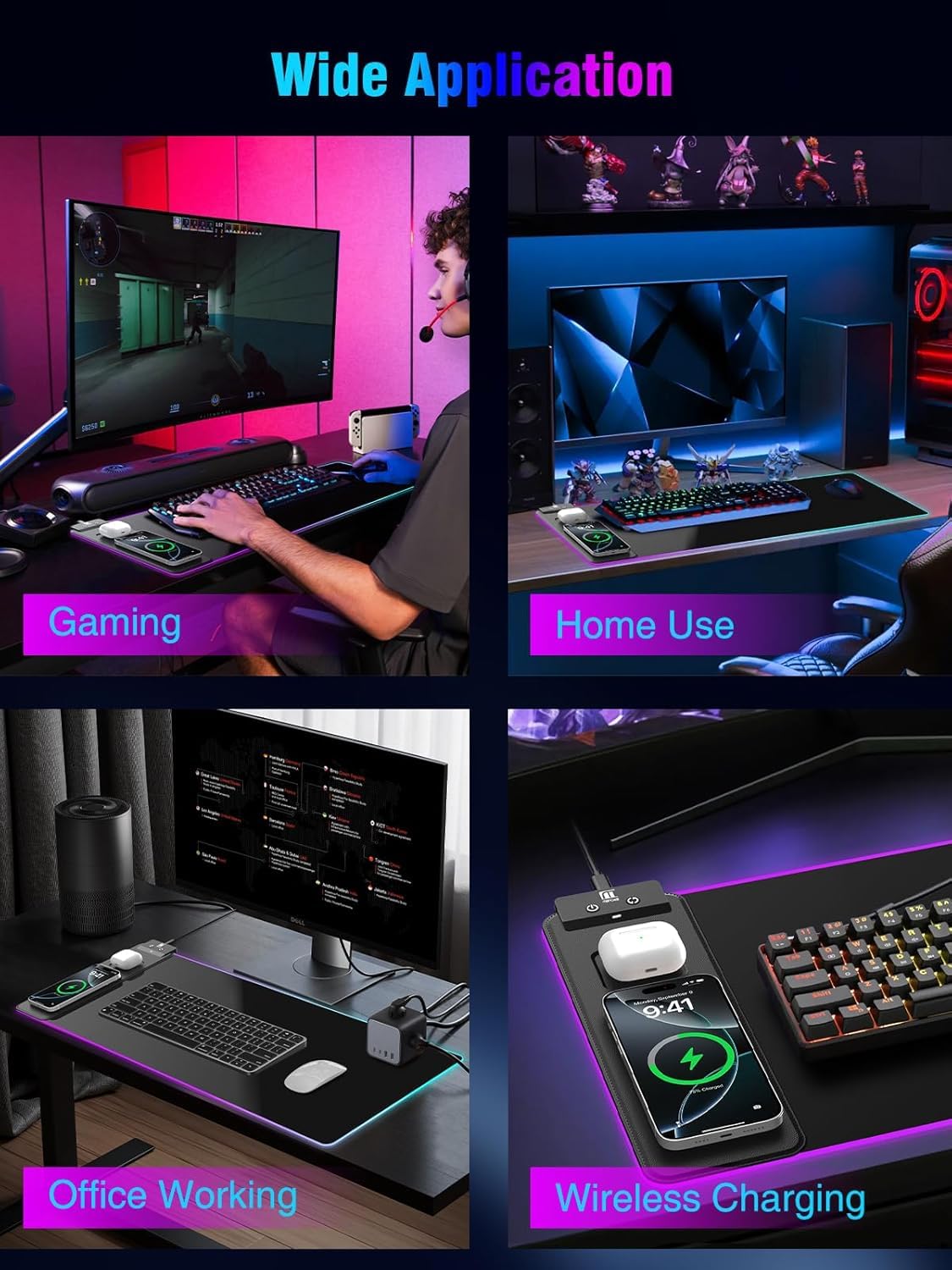 Tappetino per mouse con ricarica wireless magnetica, grande protezione da scrivania, tappetino per mouse nero RGB con caricabatterie rapido da 15 W, spessore 4 mm, antiscivolo, tappetino da scrittura