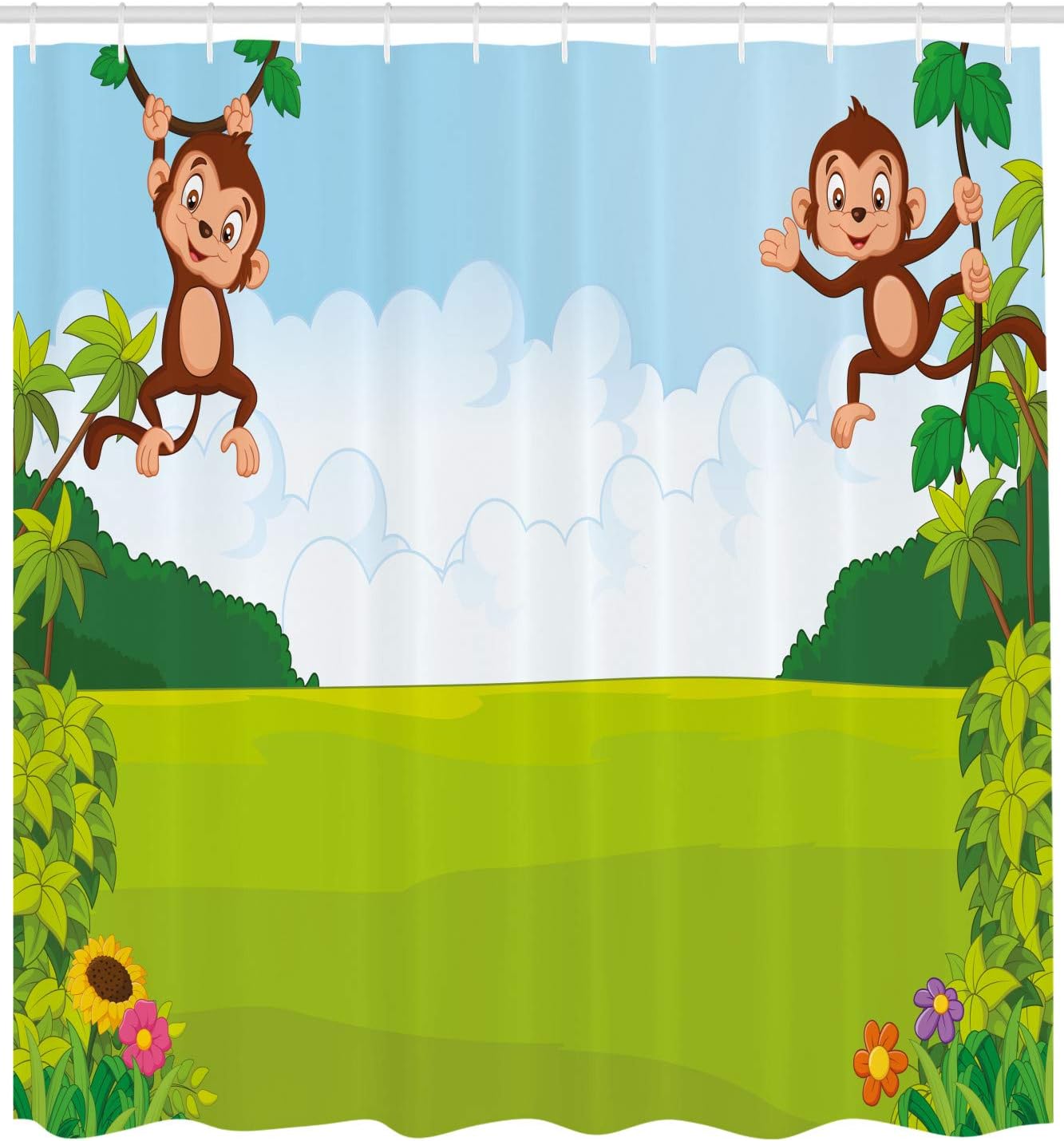 Ambesonne Cartoon Shower Curtain, Playful Monkeys Hanging on Vines Young Chimpanzees Summer Fun, Cloth Fabric Bathroom Decor Set with Hooks, 69" W x 70" L, Pale Blue Brown Green