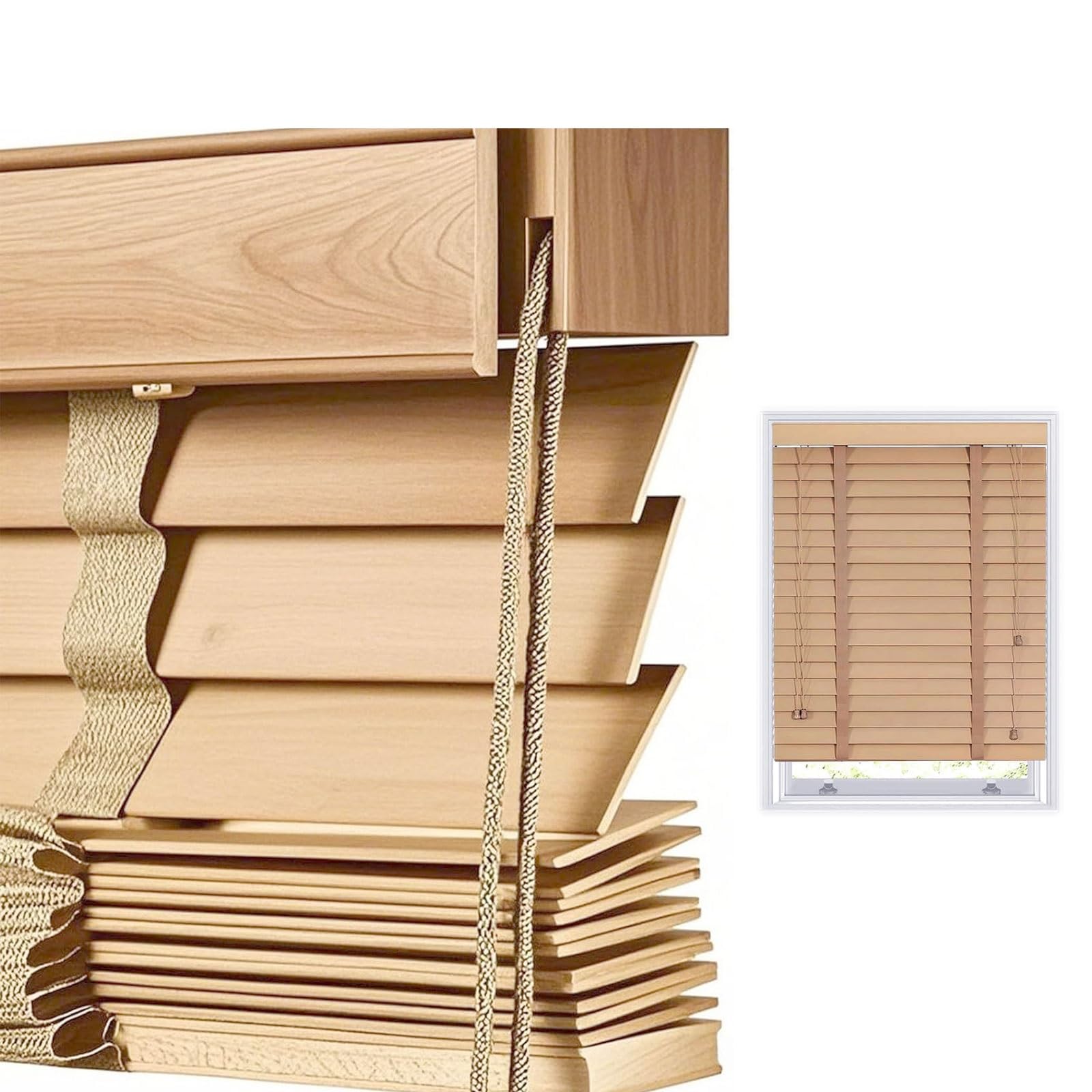 Blackout Wood Venetian Blinds 55cm 60cm 80cm 90cm 100cm 110cm 120cm 130cm 160cm Wide Horizontal Blinds Shutters for Windows 50mm Slats Venetian Blind Easy Fit Curtains(Beige)