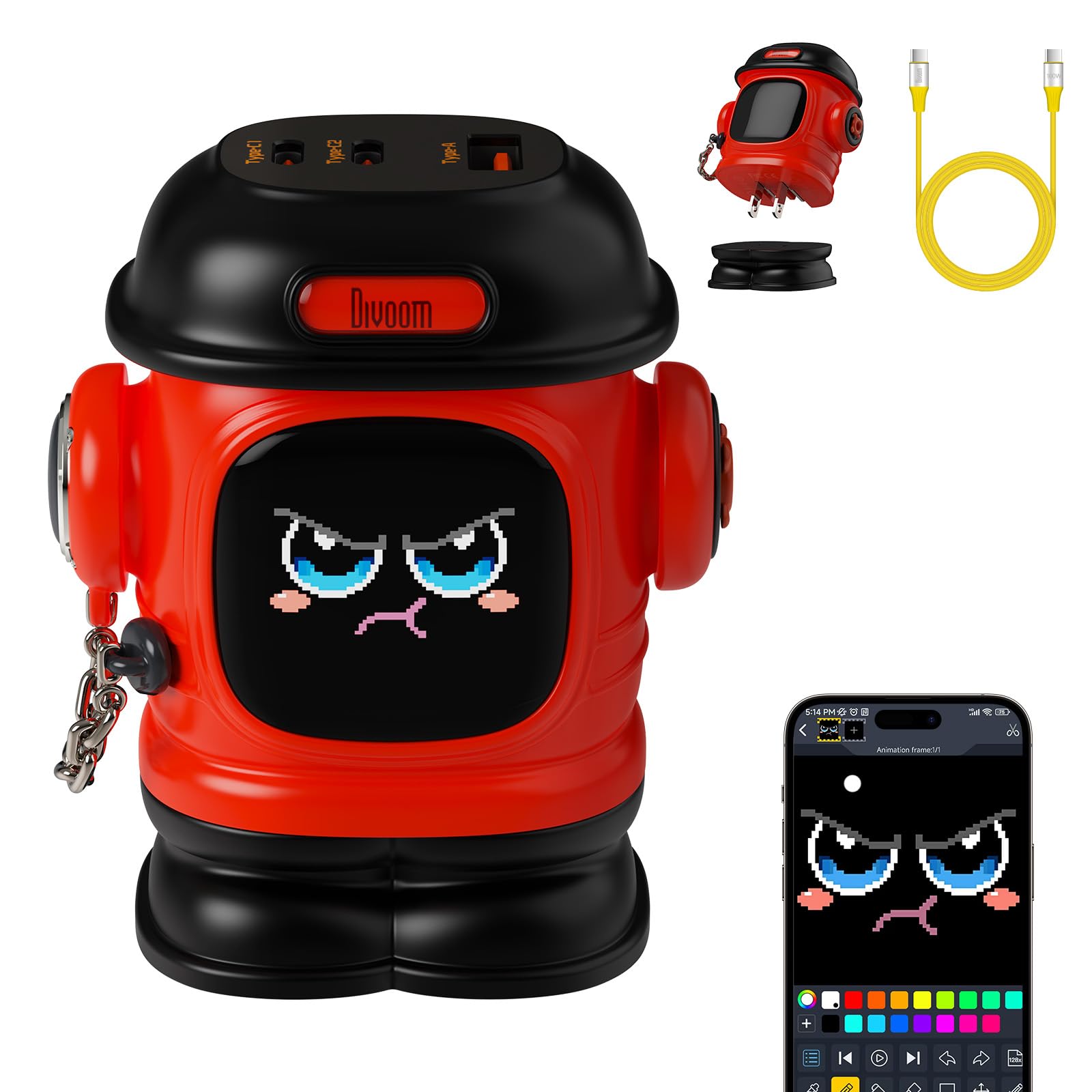 Divoom Dipow 65W USB-C GaN Charger with Pixel Display, Foldable, Red