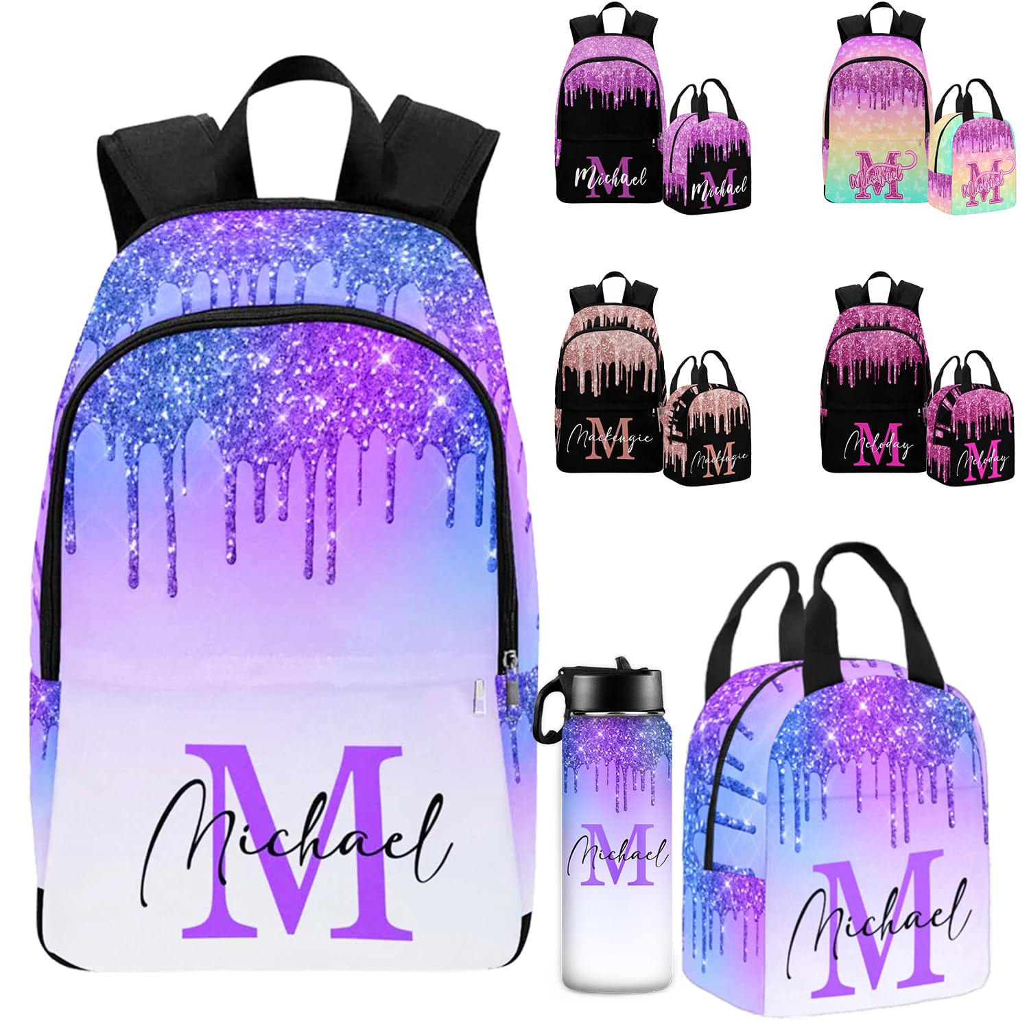 GIGIMISO Personalized School Bags for Kids Girls Boys, Custom Gradient Purple Glitter Backpack Bags Customized Shoulder Schoolbags for Granddaughter