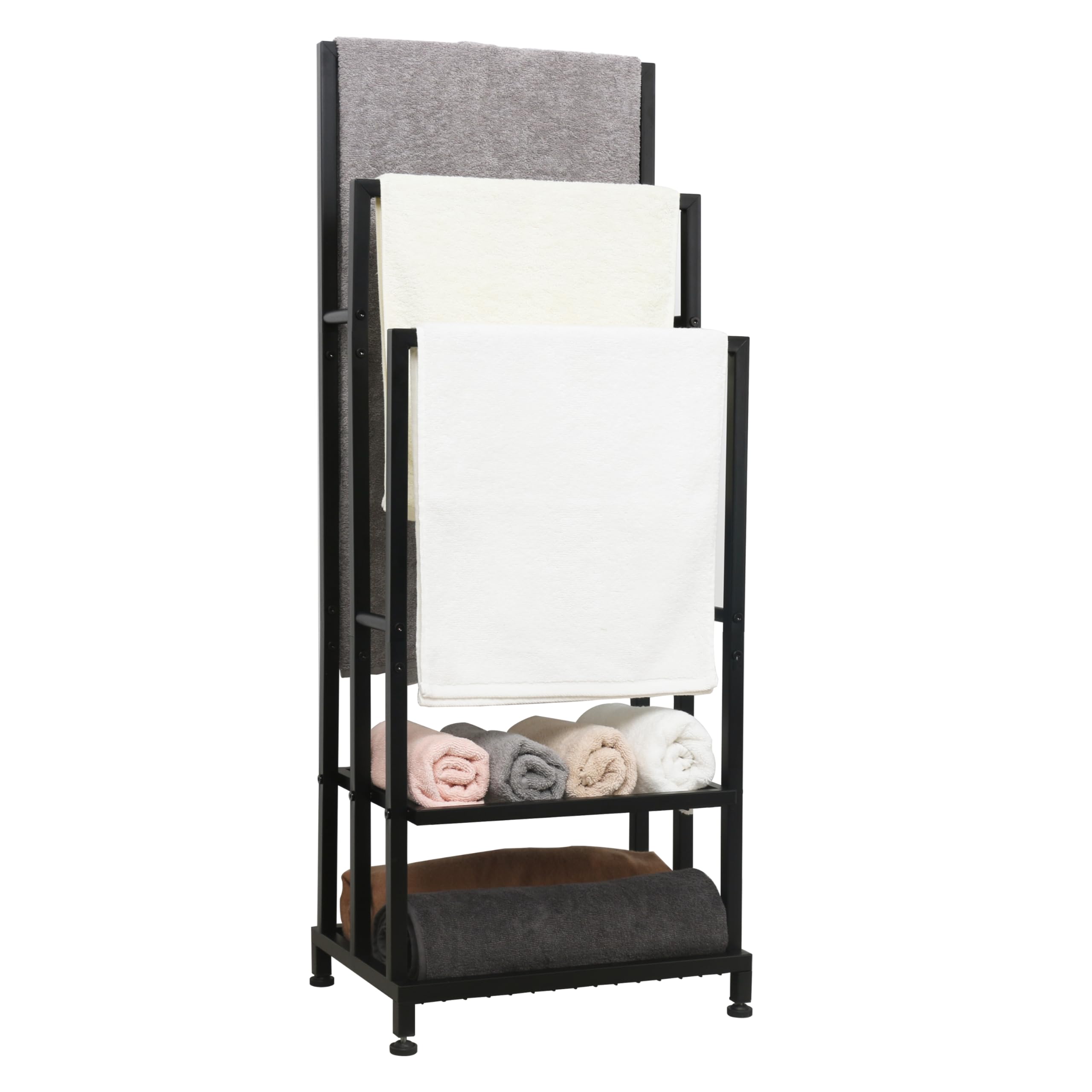 LOFTEY Free Standing Towel Rail, Towel Stand with 2 Storage Shelves, 3 Tier Towel Rack Free Standing, Freestanding Towel Rail for Bathroom & Bedroom, Black