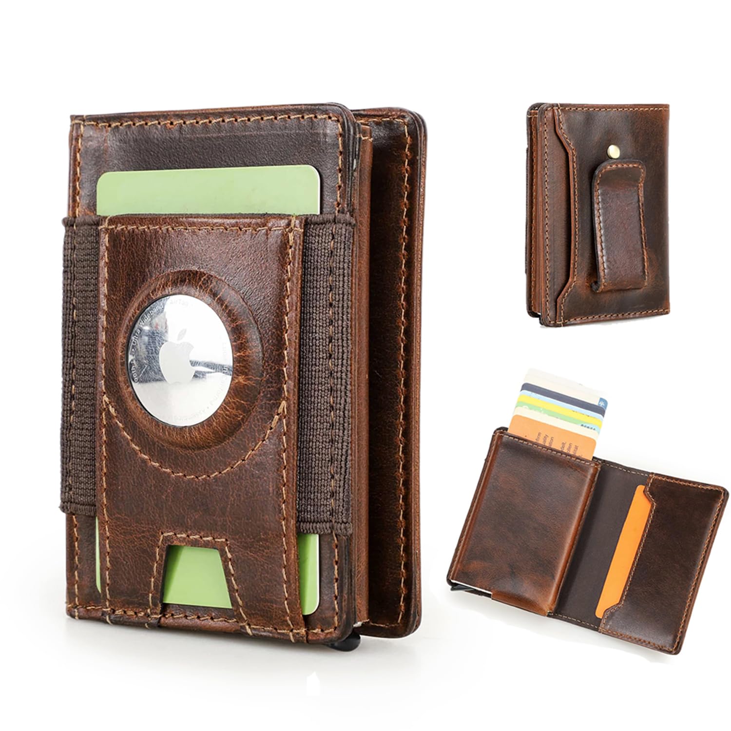 Genuine Leather RFID Wallet for Airtag Pop Up Card Holder for Men Slim Money Clip Large Capacity with 10 Card Slot