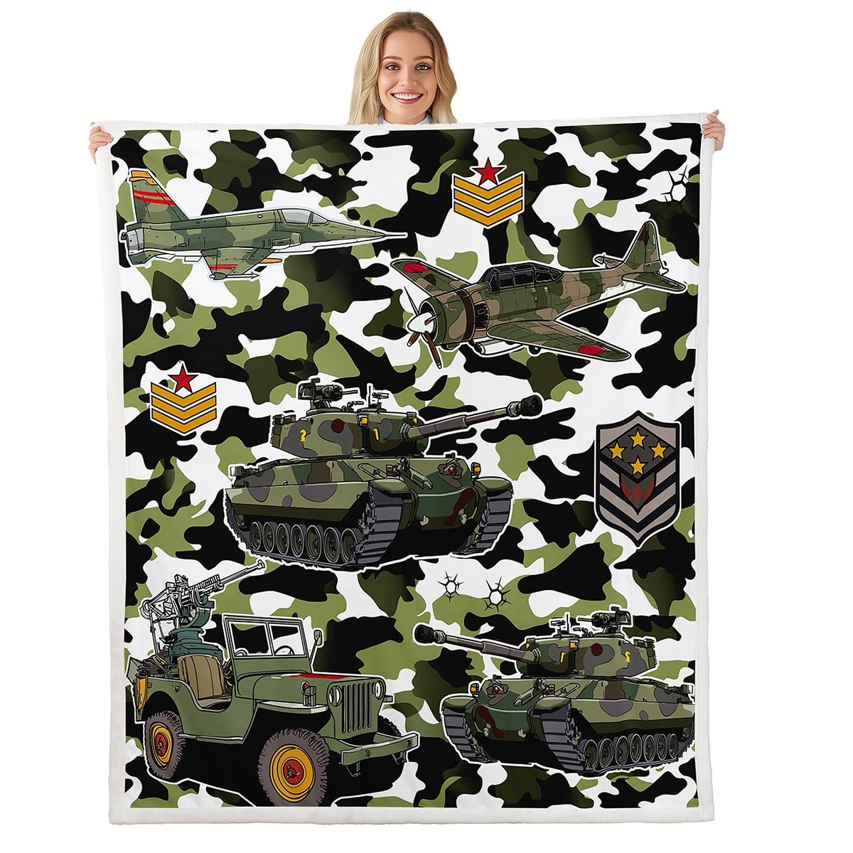 Couverture de réservoir en polaire verte kaki - Plaid lit thème guerre et avion pour garçons