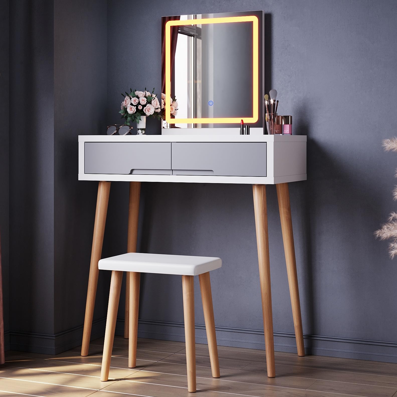 ELEGANT White Dressing Table Set with LED Mirror, 2 Drawers Vanity Desk with Cushioned Stool, Adjustable Lighting Makeup Table for Bedroom Women & Girls, 80 × 40 × 136 cm