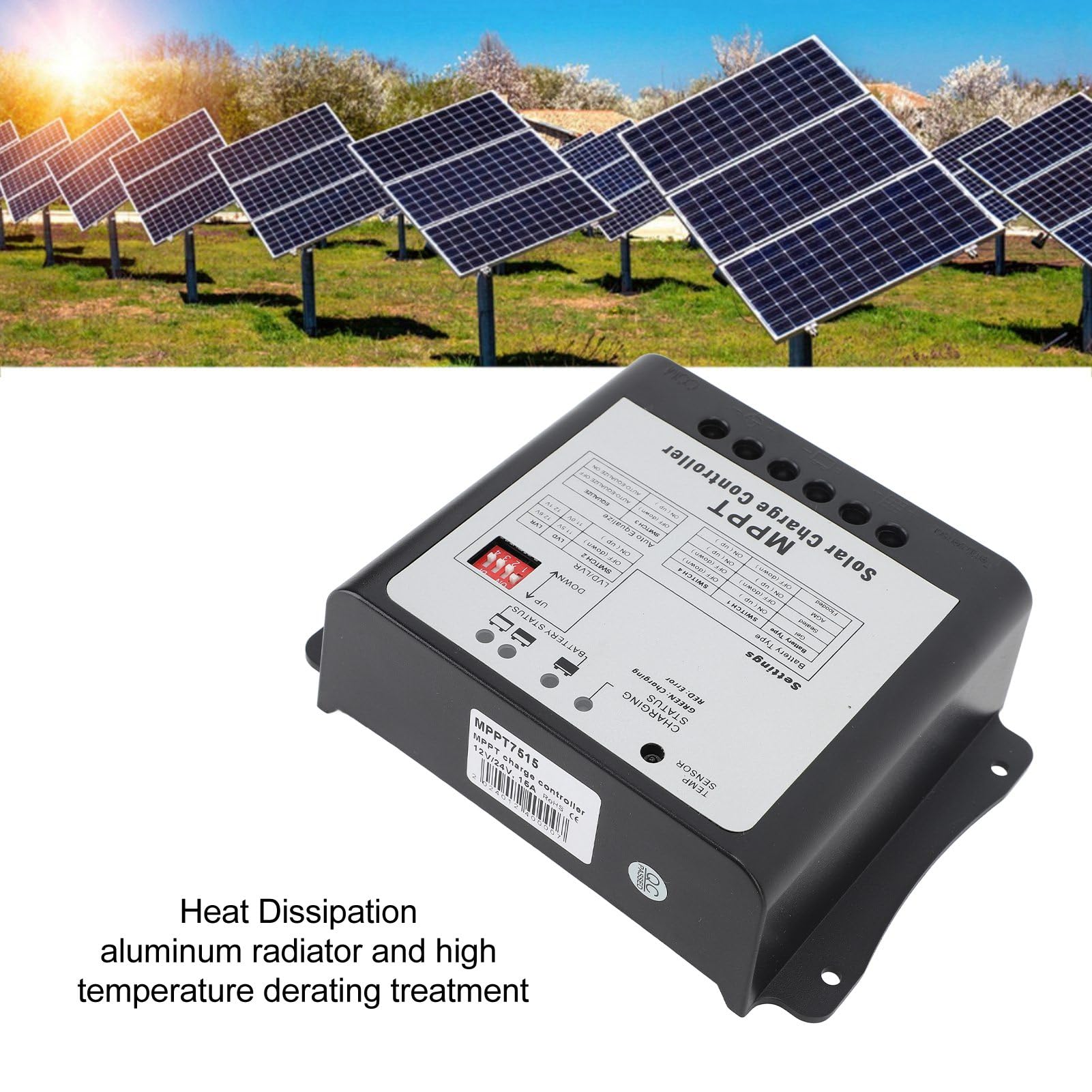 Yosoo Health Gear Regolatore di Carica Solare MPPT, Regolatore Pannello Solare in Lega di Alluminio ABS 15A 75V per Batterie 12V 24V, Tracciamento 99,9%, Monitor LCD, Protezione Multipla per Marino