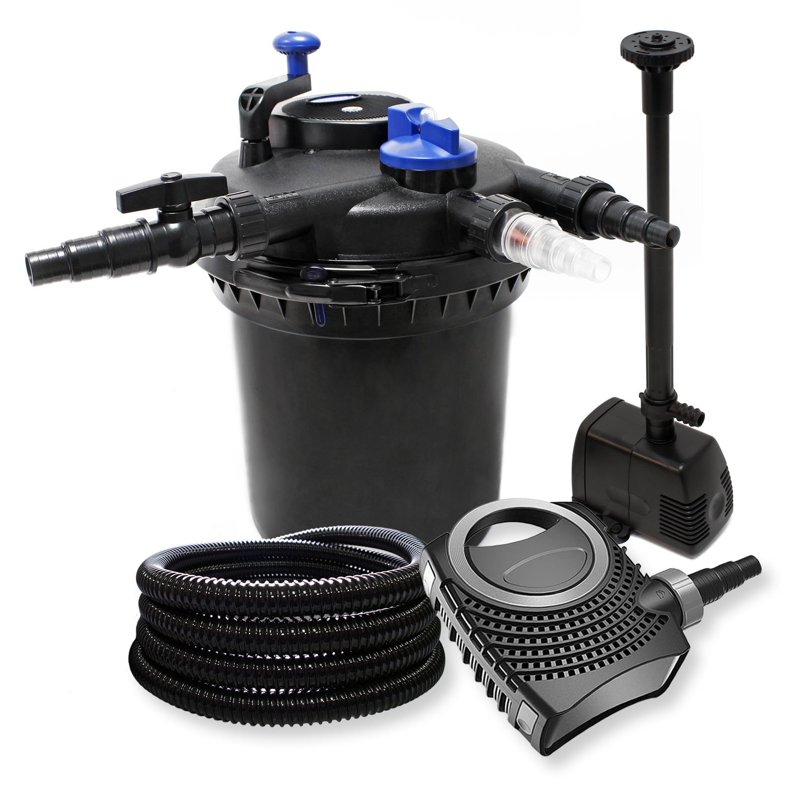 Wiltec Kompletny zestaw: CPF-15000 filtr ciśnieniowy do oczka wodnego do 30000 l z 18 W UV-C, NEO8000 SuperEco pompa do oczka wodnego 8000 l/h 70 W, 25 m wąż do stawu 25 mm (1"), HJ-943 ECO pompa