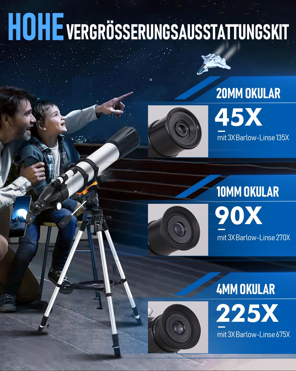 Teleskop Astronomie für Erwachsen, 90mm Öffnung 900mm Refraktor Teleskop für Kinder & Anfänger, Tragbares Reiseteleskop mit Stativ, Einem Handy-Adapter, Einer Kabellosen Fernbedienung