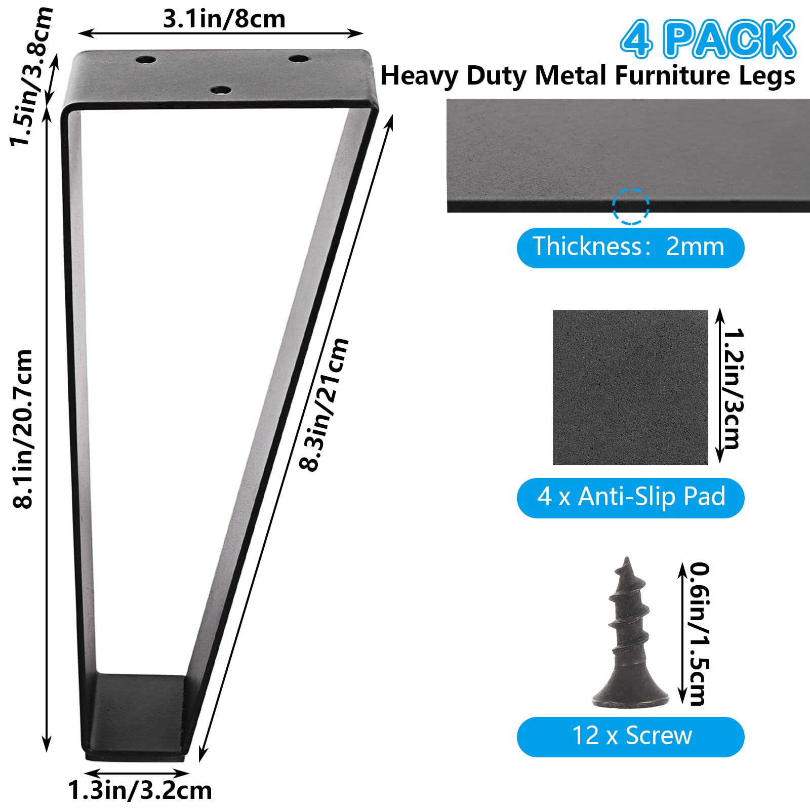 LDXDRU 4 Pack 8 Inch / 20cm Trapezoid Metal Furniture Legs, Black Coffee Table Legs with Non-Slip Pads - Image 2