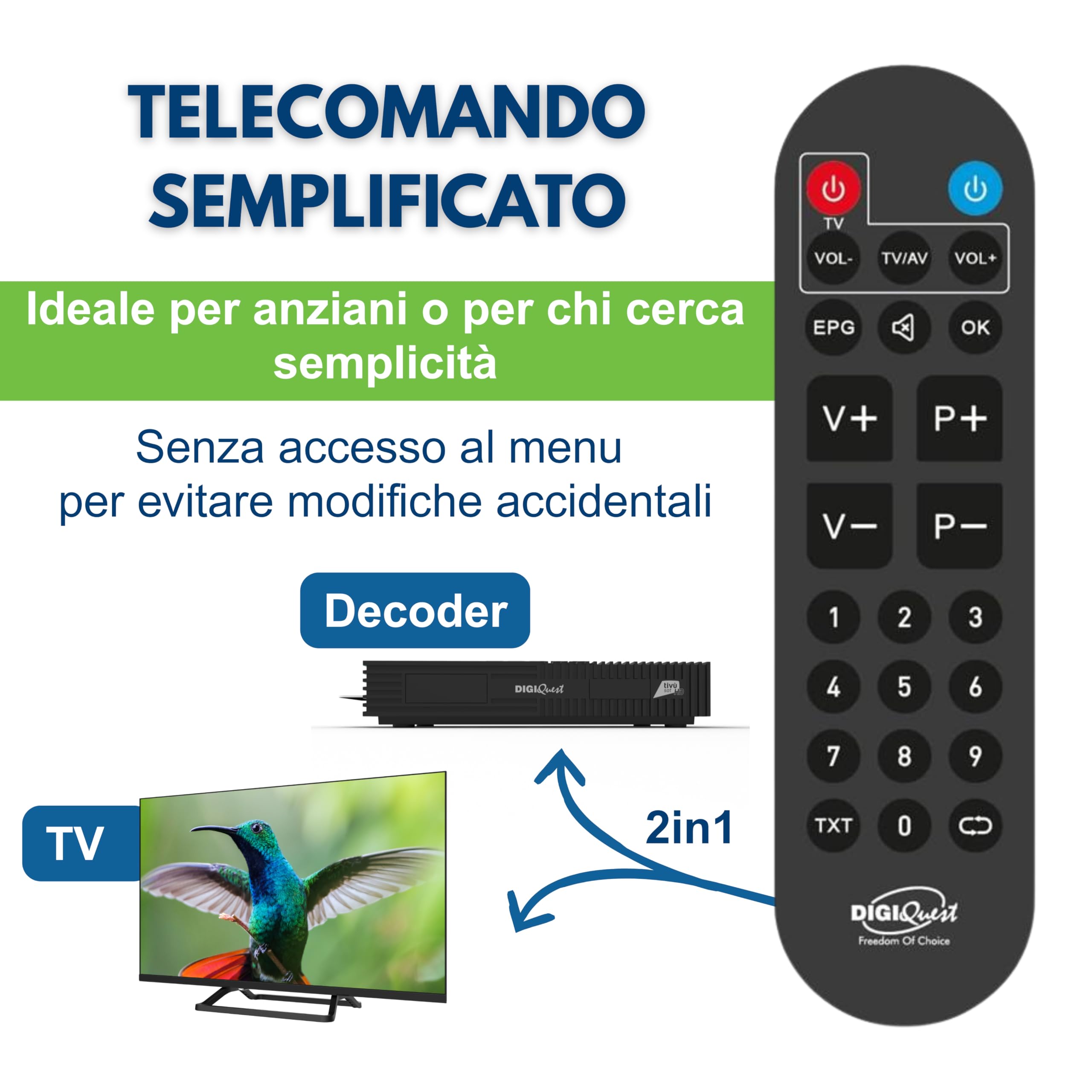 DIGIQUEST Décodeur Tivùsat Ti9, DVB-S2 | VOITURE INSTALLANTE | Double télécommande 2 en 1 dont une avec grandes touches | Carte intelligente Tivùsat incluse | HDR |Fonction d'enregistrement activable