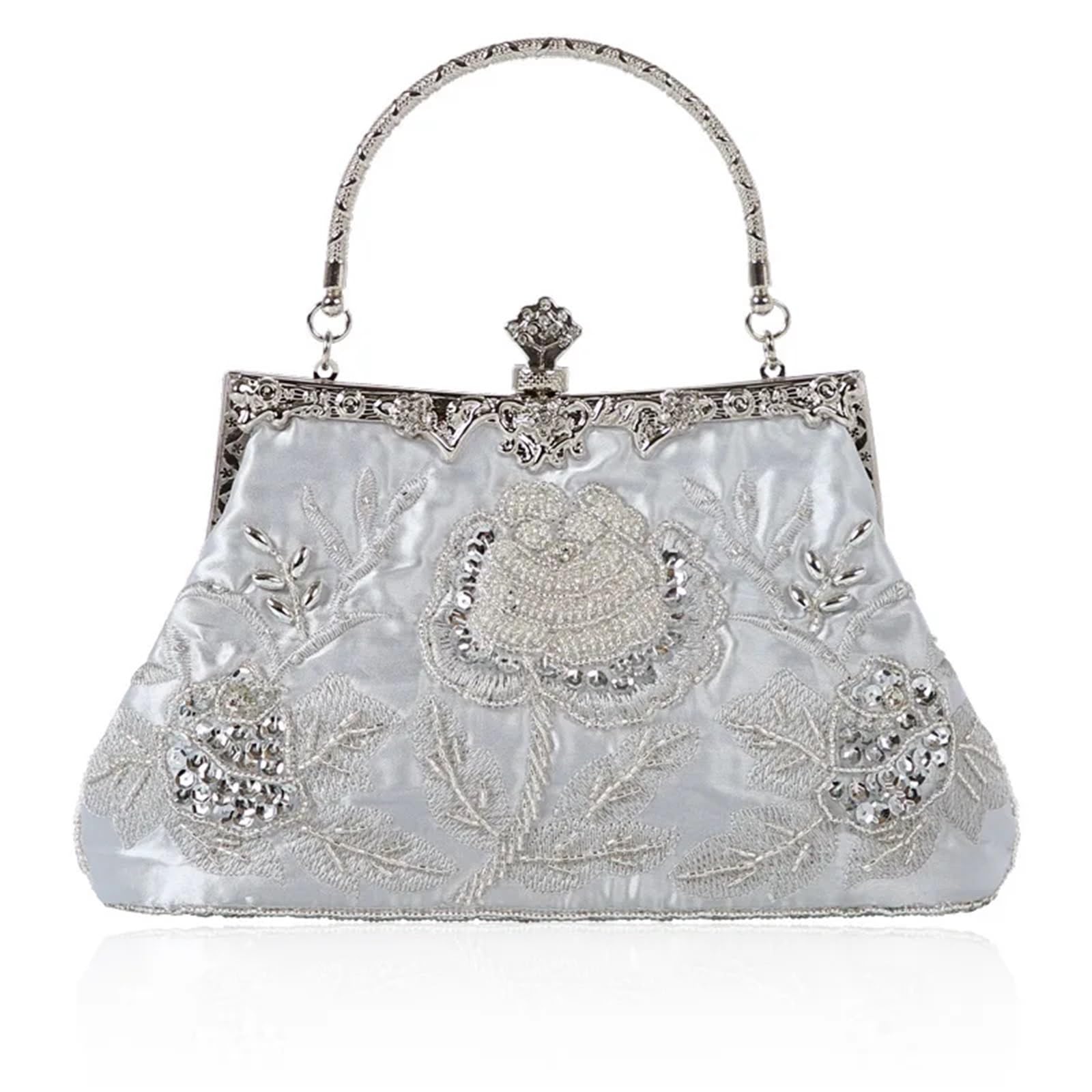 ENWWCH Embroidery Evening Bag Bead Embroidery Women Evening Bag Diamonds Shell Lady Small Day Clutches Party Dinner Bag Wedding Bridal Pearl Handbags Purse For Dinner, Party(Silver)