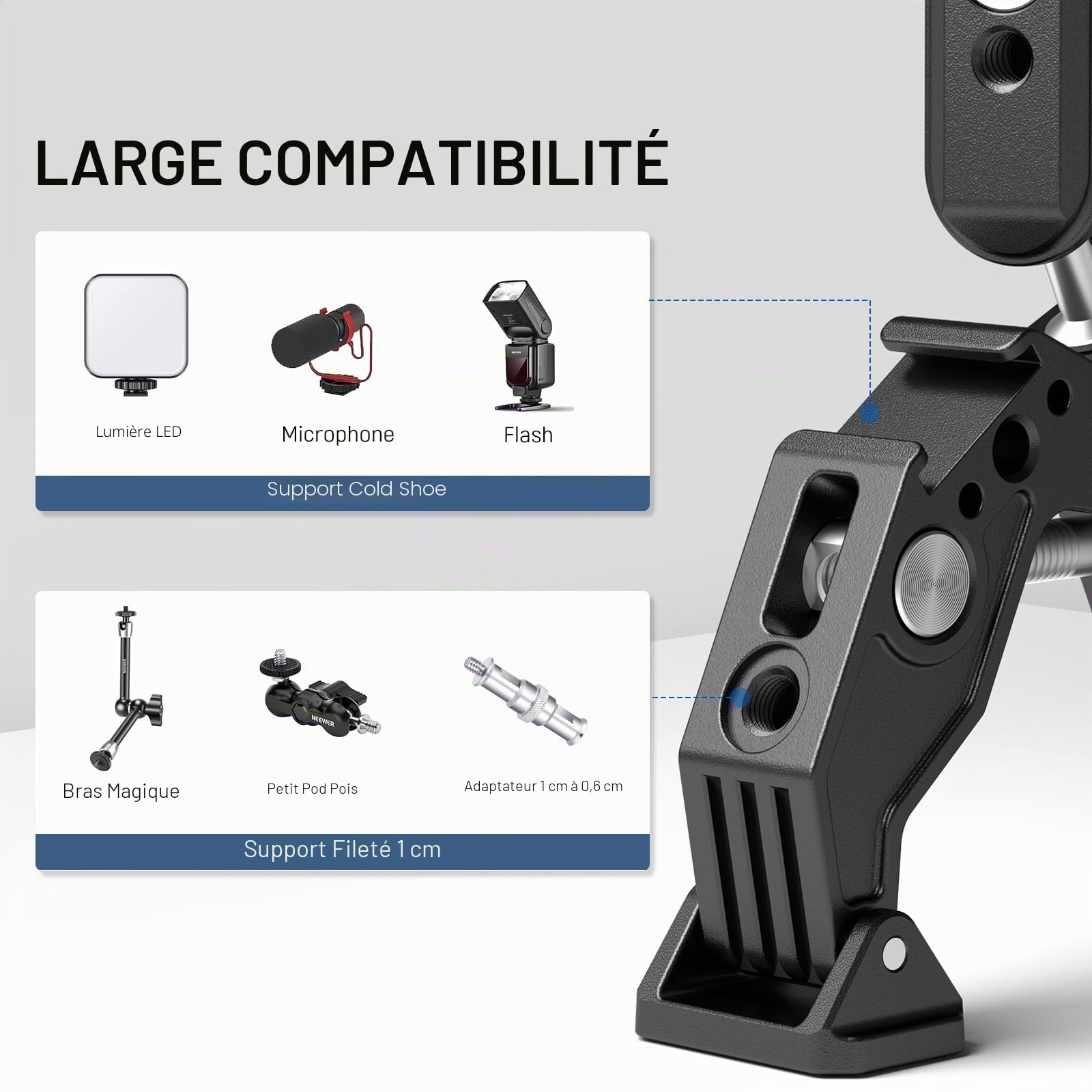 NEEWER Support de caméra à Double Pince avec Bras Magique, Chaussures Froides pour Bureau, Studio, Support de Photographie, réflecteur, Drapeau, Barres transversales, Moto, Parapluie, bâton de Perche