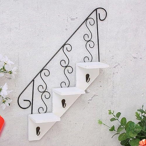 Miniatura 3 de Estantes flotantes decorativos montados en la pared de 3 niveles, estantes de pared de madera en forma de escalera, estante colgante de metal para
