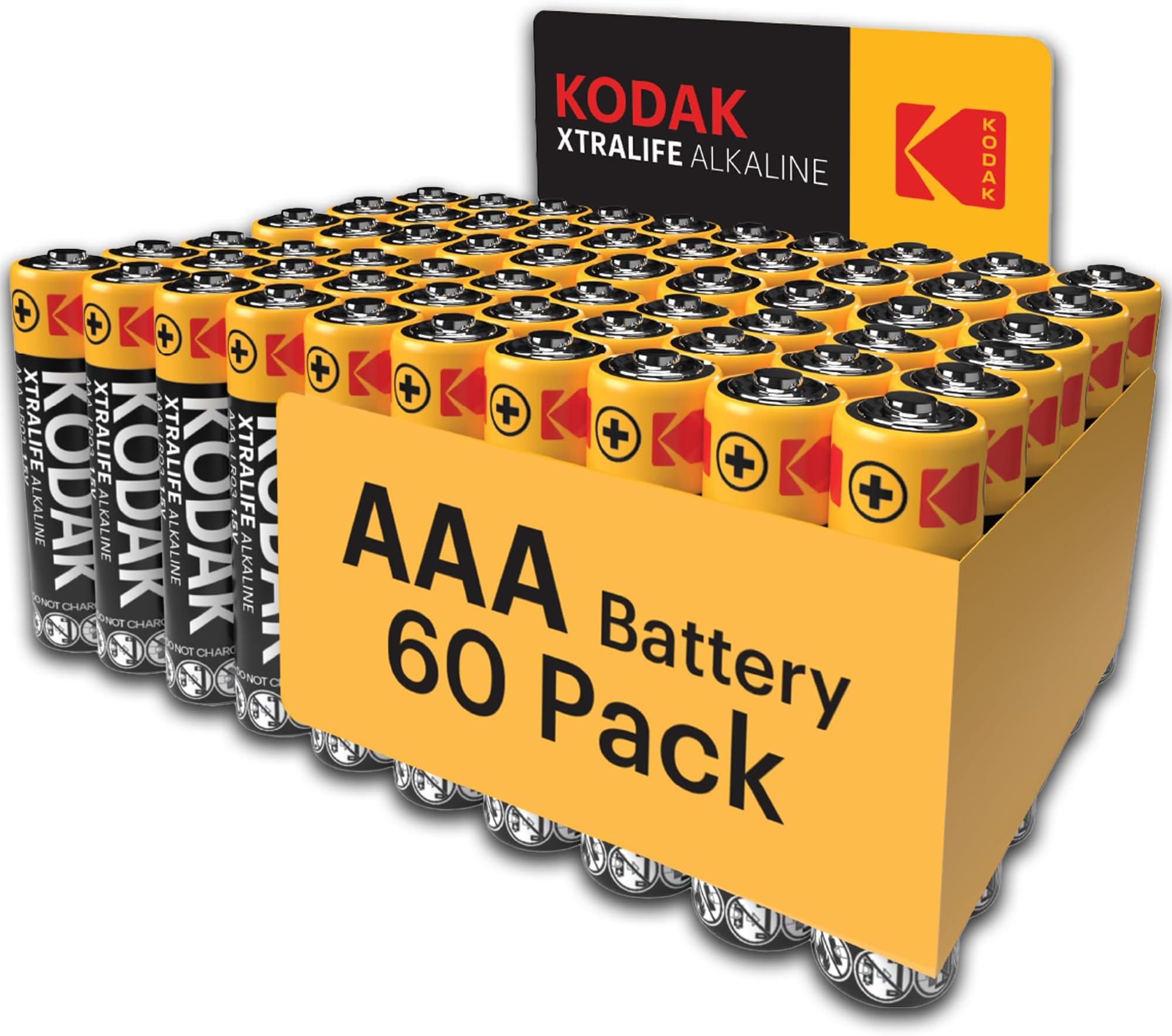 Kodak Xtralife 60-Pack AAA Batteries, Triple A Battery Pack, LR03 Alkaline 1.5V, 10-Year Shelf Life, Ideal for High-Drain Devices, 6x More Power, Plastic Free Cardboard Outer Carton