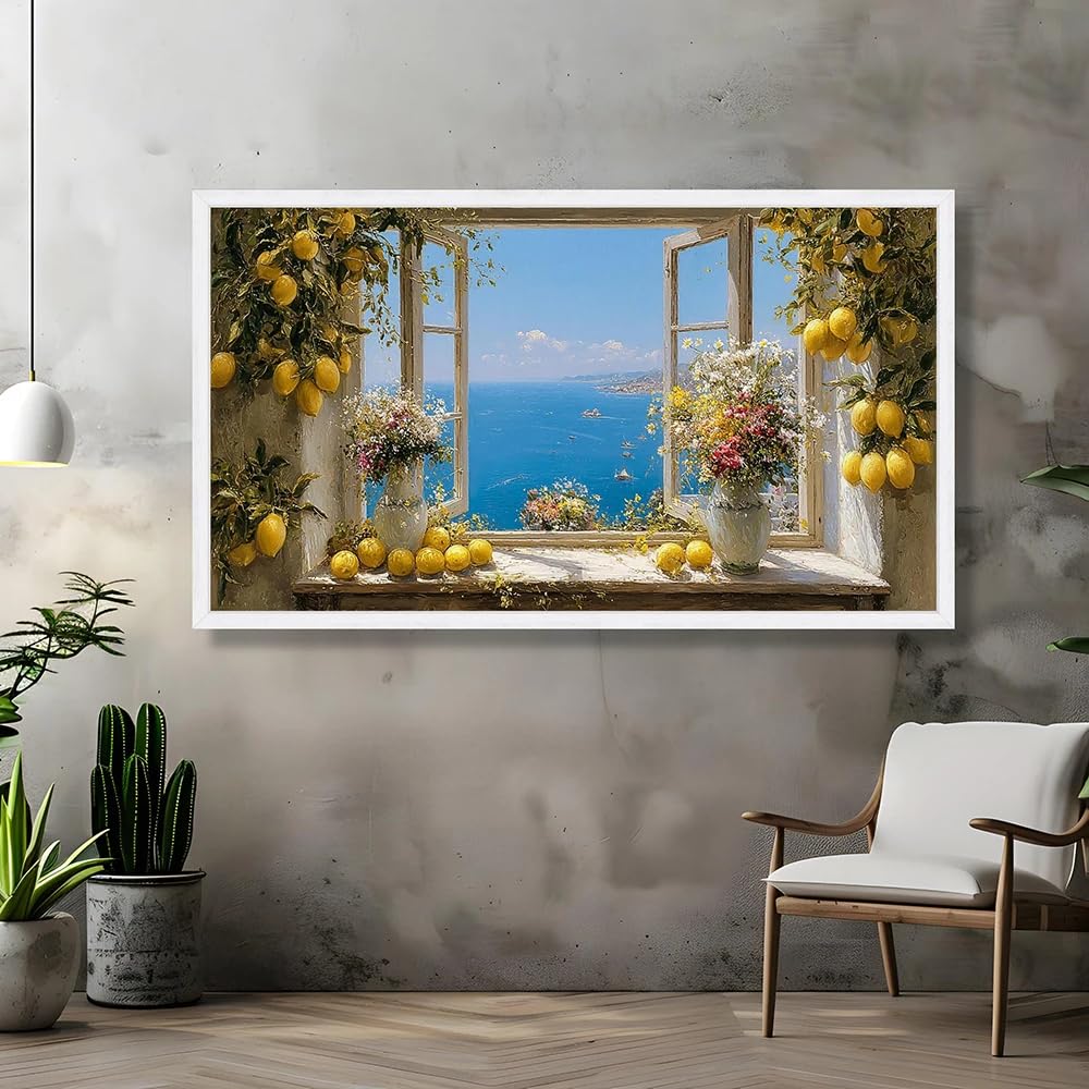 GKUVBF Tableau sur toile représentant une vue de la mer Méditerranée, une nature morte avec un citronnier et des fleurs, fenêtre ouverte, décoration intérieure côtière (90x180cm/sans cadre)