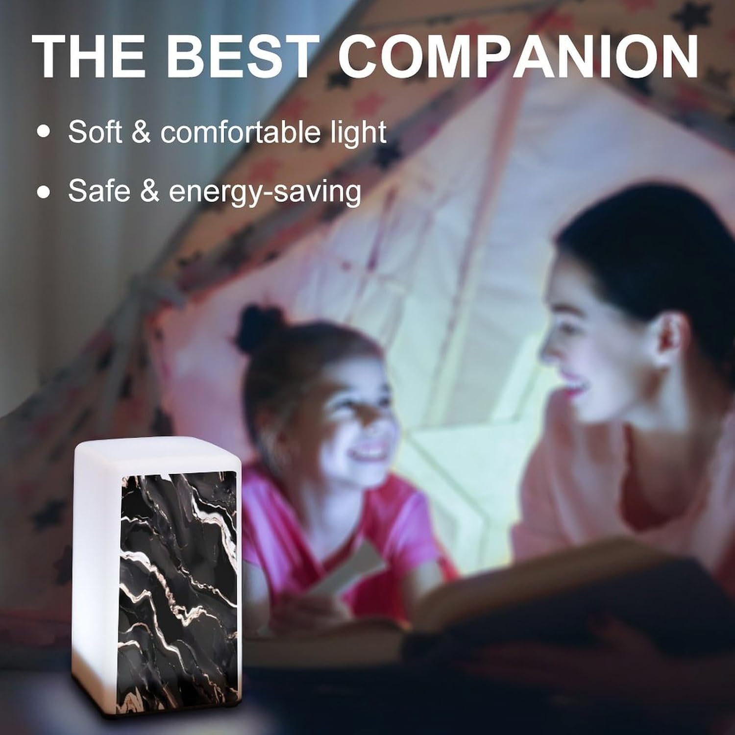 Cordless Night Light Battery Powered Dimmable Lamp for Reading Black Rose Gold Marble - Small Desk Lamp for Bedroom Living Room Office