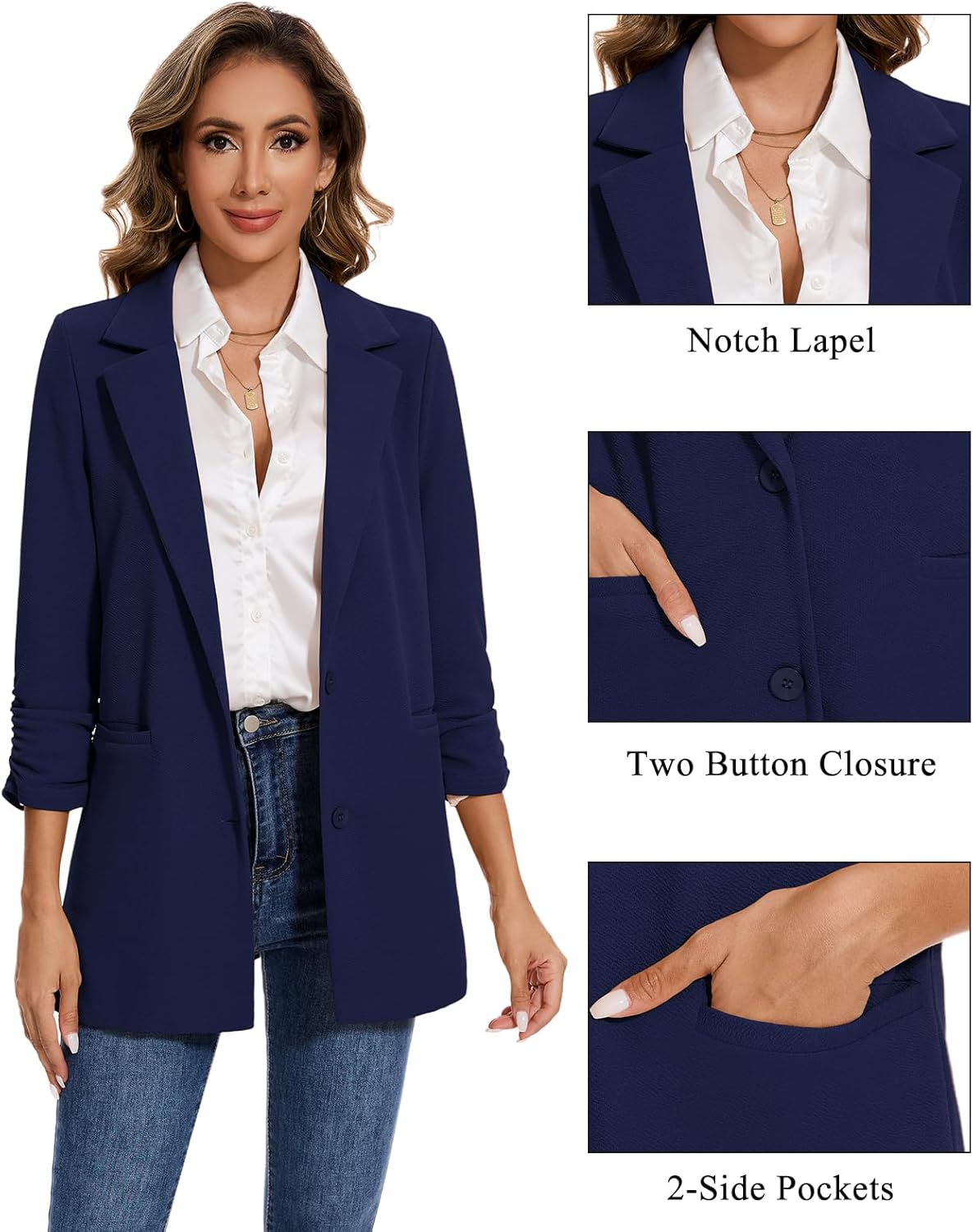 MINTLIMIT Women's Casual Long Blazer 3/4 Ruched Sleeve Lapel Button Front Work Office Blazers Suit Jacket with Pockets