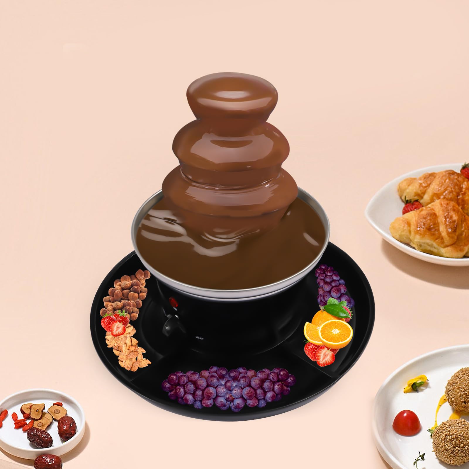 Fuente de chocolate de 3 niveles, acero inoxidable, mini fuente de chocolate para postres y fiestas, con 6 brochetas y bandeja de comida, incluye columna en espiral para flujo continuo de chocolate