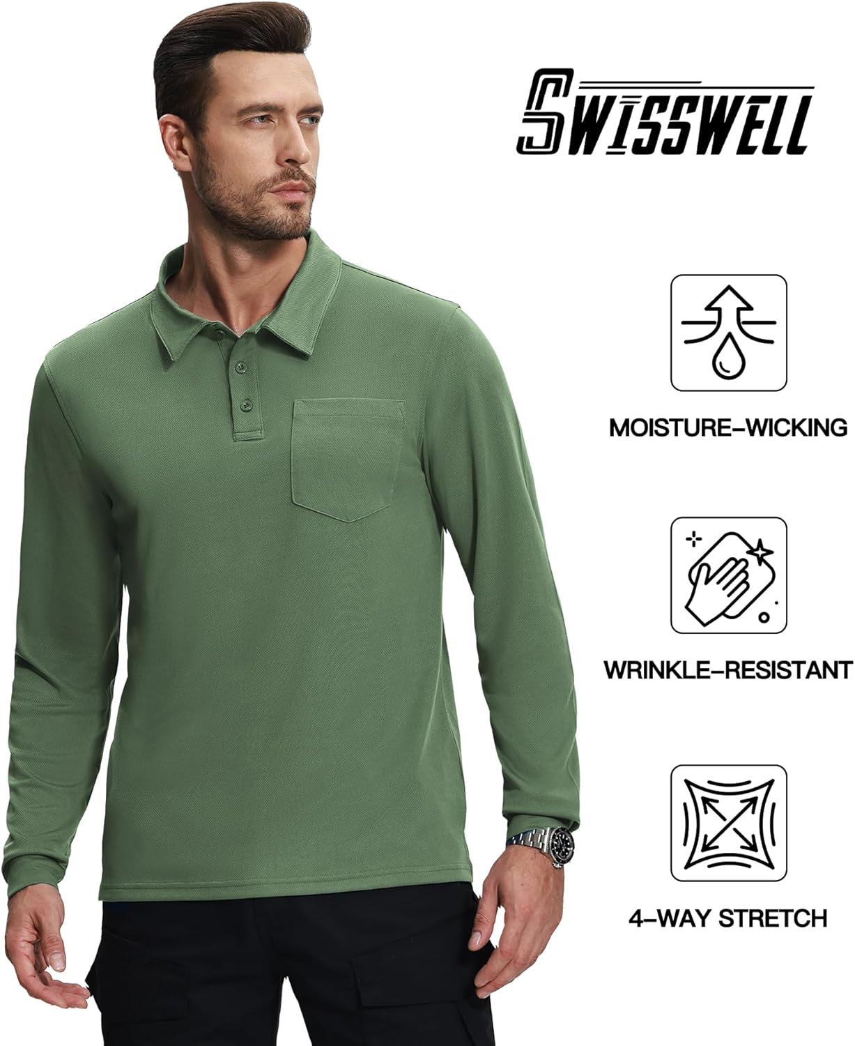 SWISSWELL 3 Pack Long Sleeve Polo Shirts for Men Moisture Wicking Work Collared Shirt with Pocket - Image 2