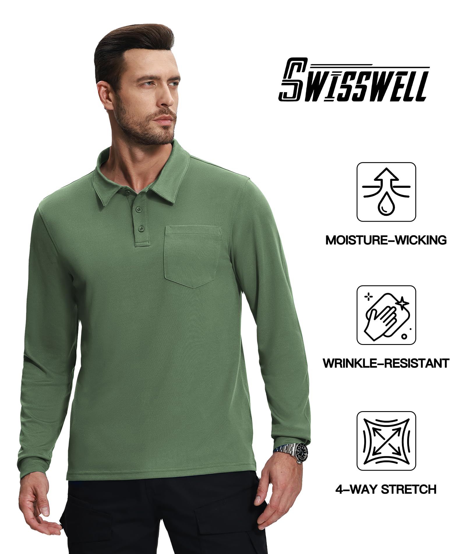 SWISSWELL Long Sleeve Polo Shirts for Men with Pocket 3 Pack Collared Moisture Wicking Performance Golf Shirts