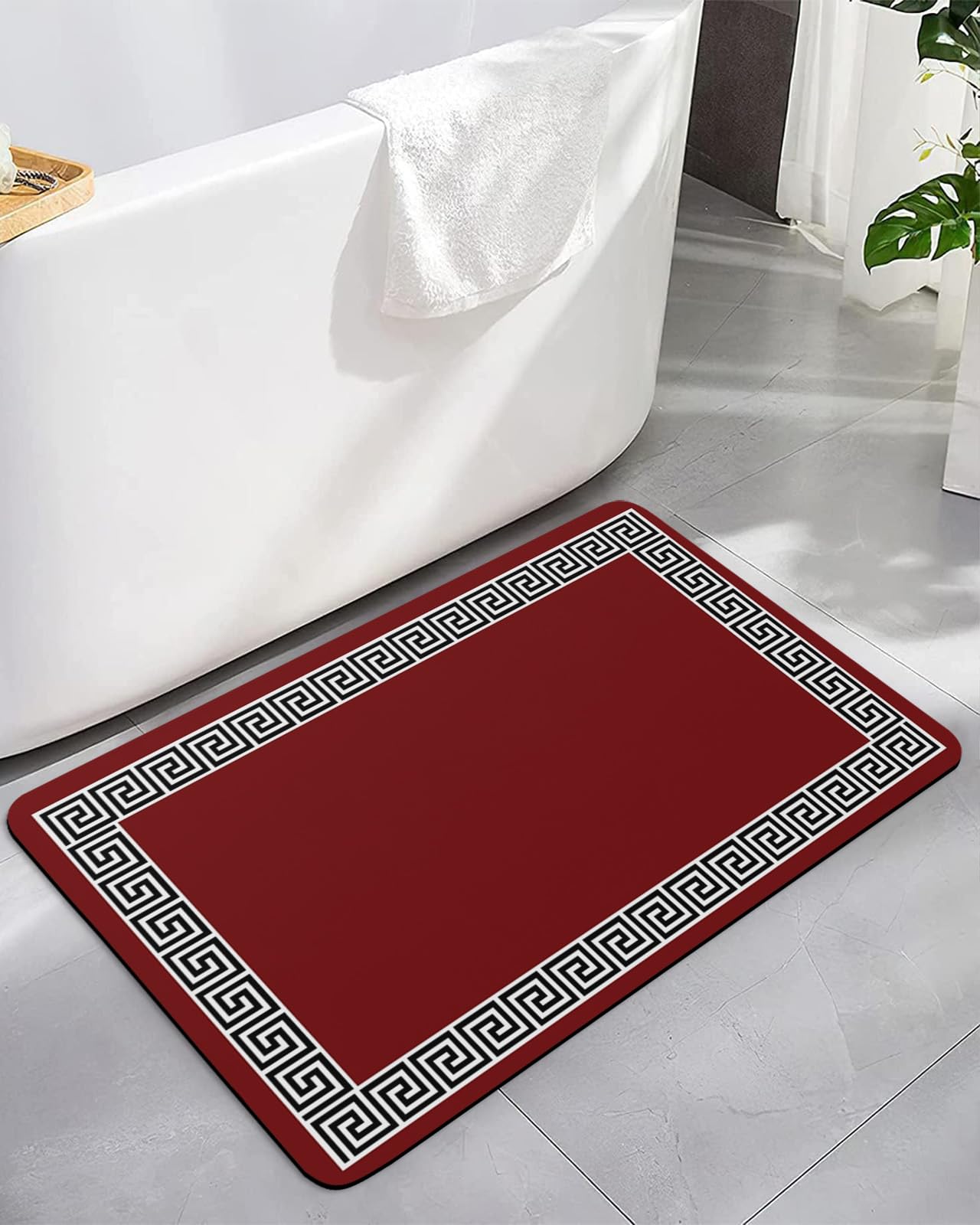 ALAGEO Bathroom Rug Bath Mat Geometric Greek Key Design Water Absorbent and Non-Slip Bathroom Mat, Washable Quick Dry Bath Mats for Bathroom Floor, Sink, Bathtub, Shower Room, 16"x 24" Red