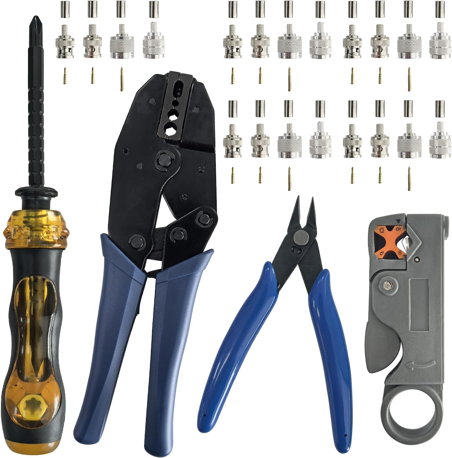 Coaxial Cable Tool Set, Including 1PC BNC Crimp Tool, 10PCS BNC/UHF Crimp Male Connectors for RG58, RG59, 1PC Coaxial Cable Stripper, 1PC Wire Cutter, 1PC Screwdriver